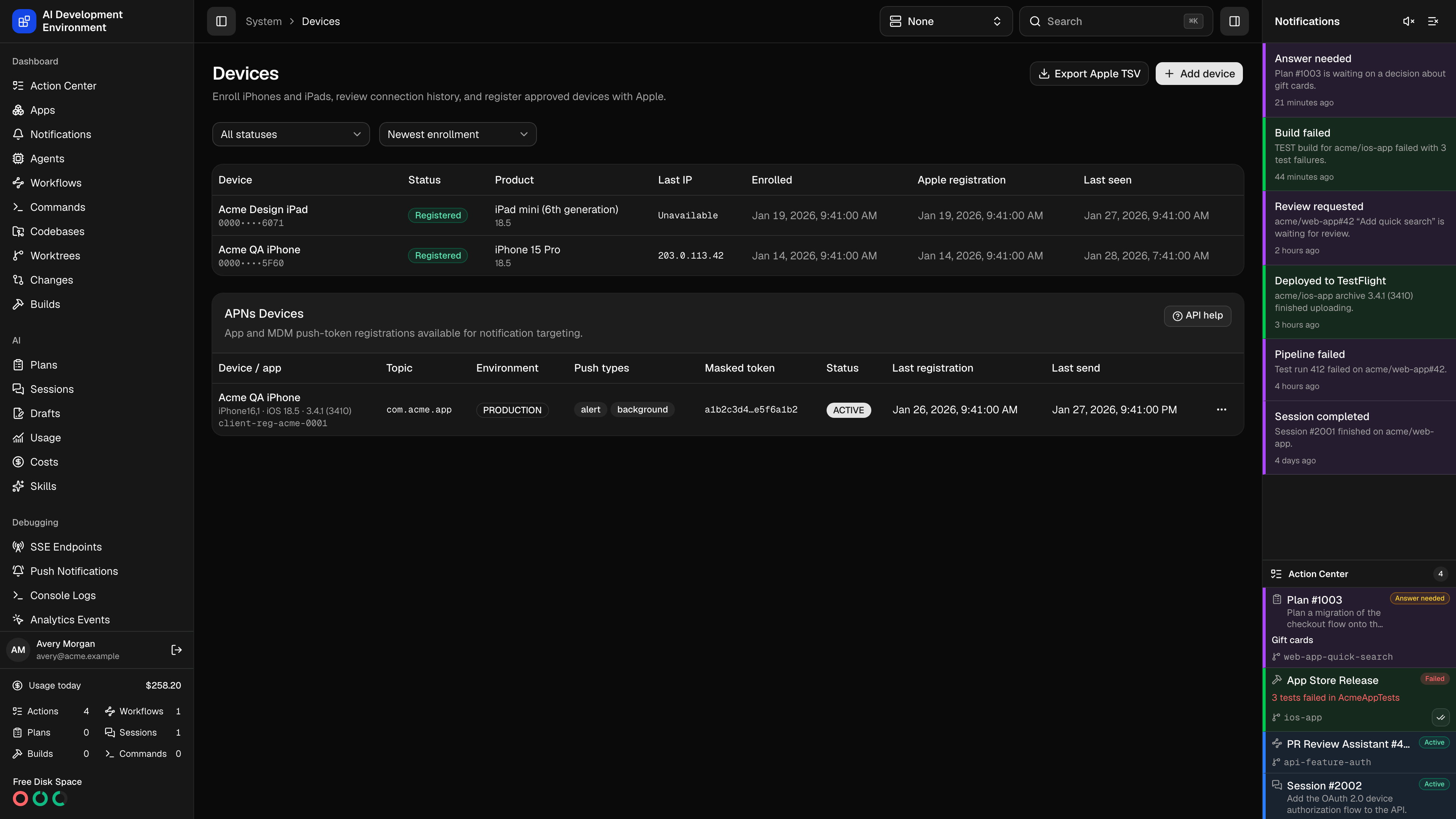 Devices page in dark theme
