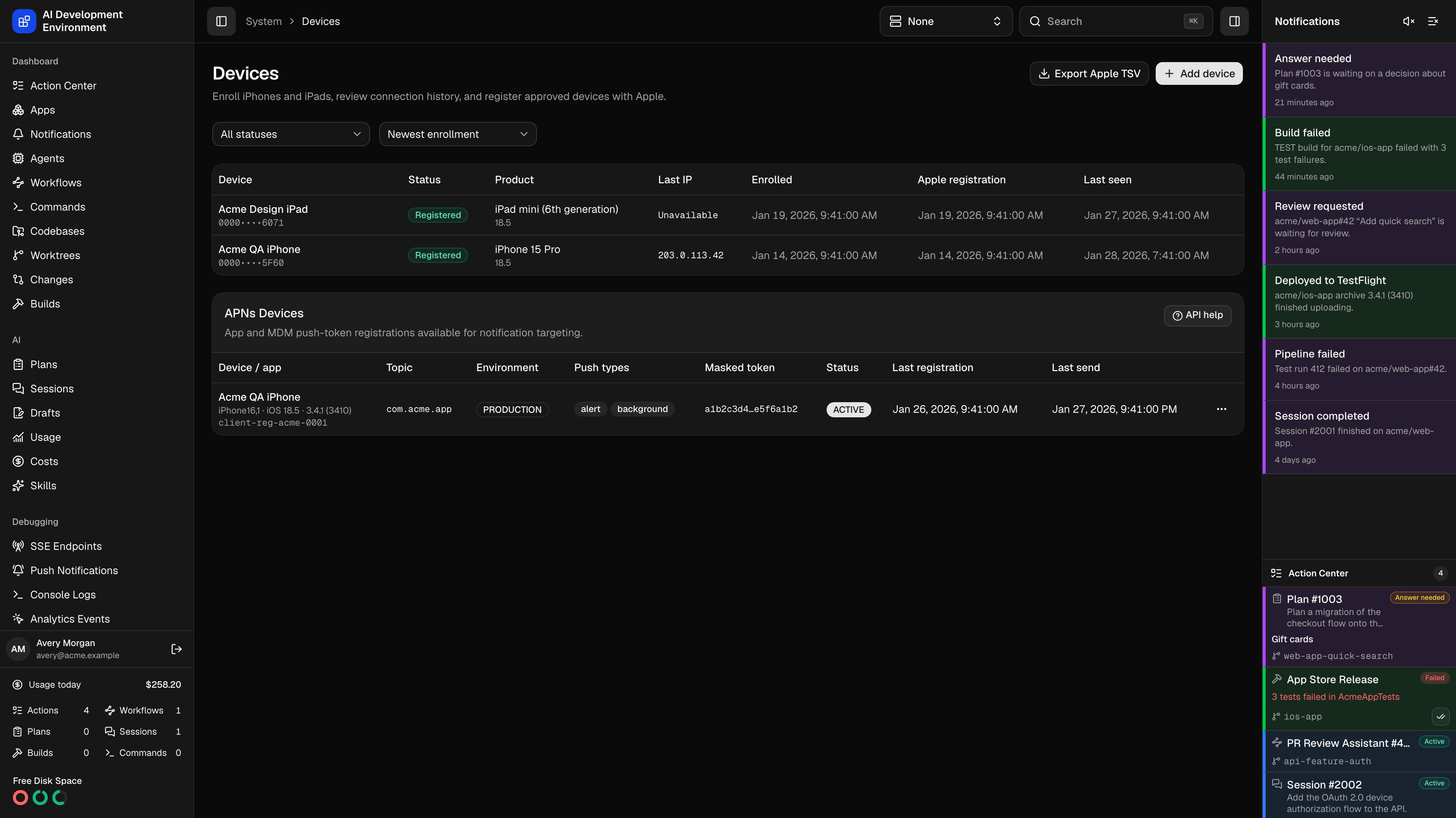 Devices page in dark theme