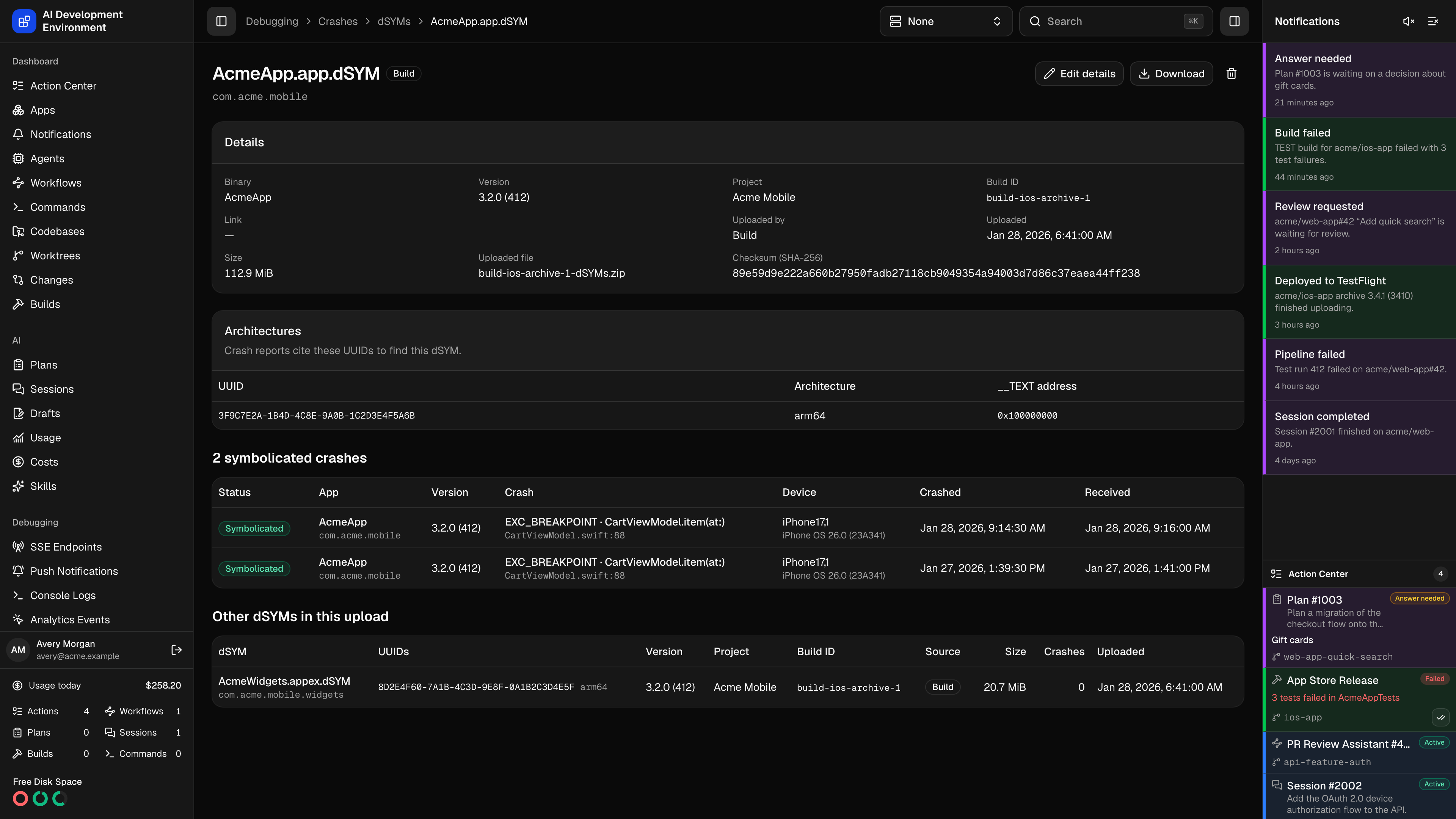 dSYM details in dark theme