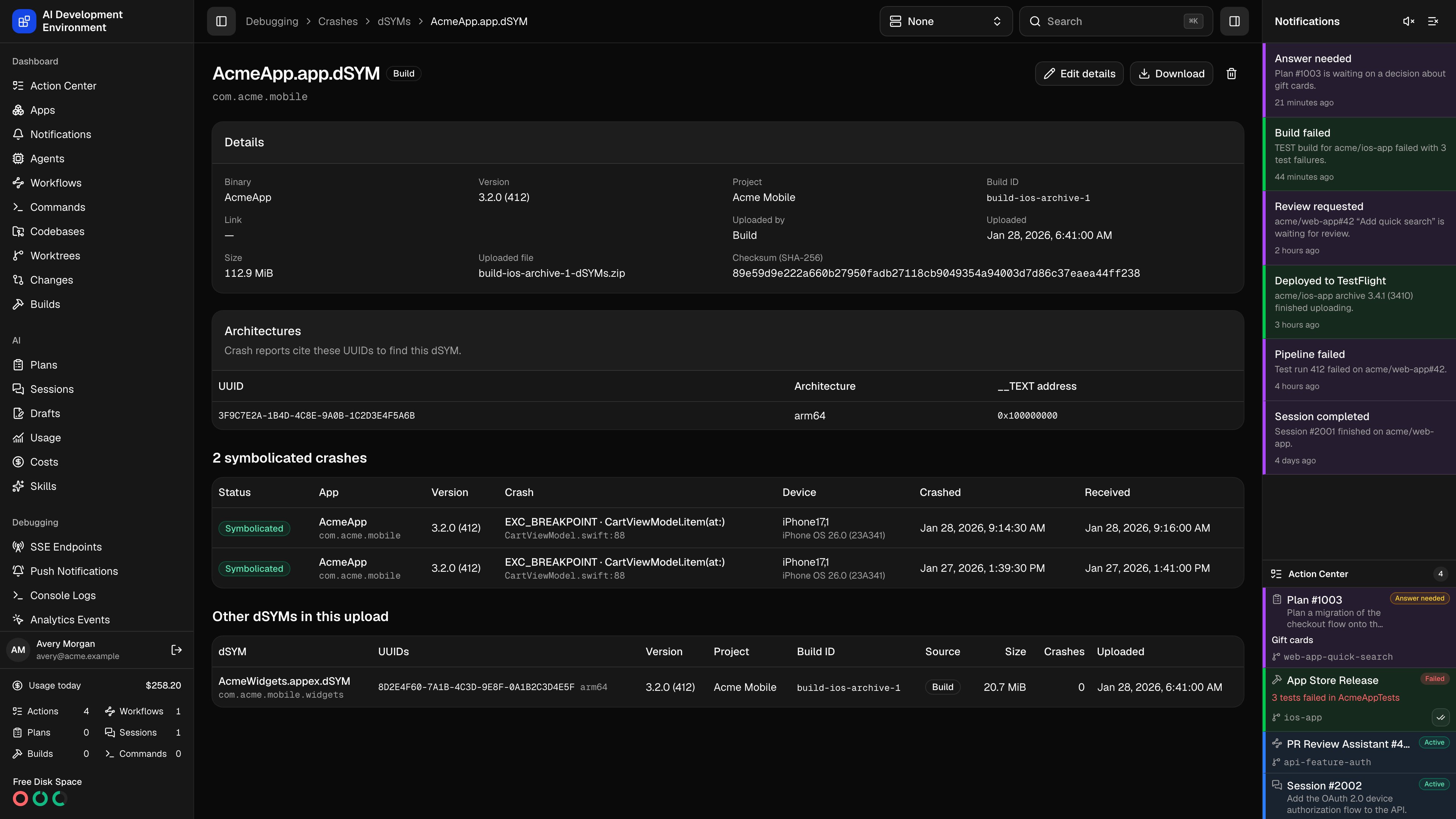 dSYM details in dark theme