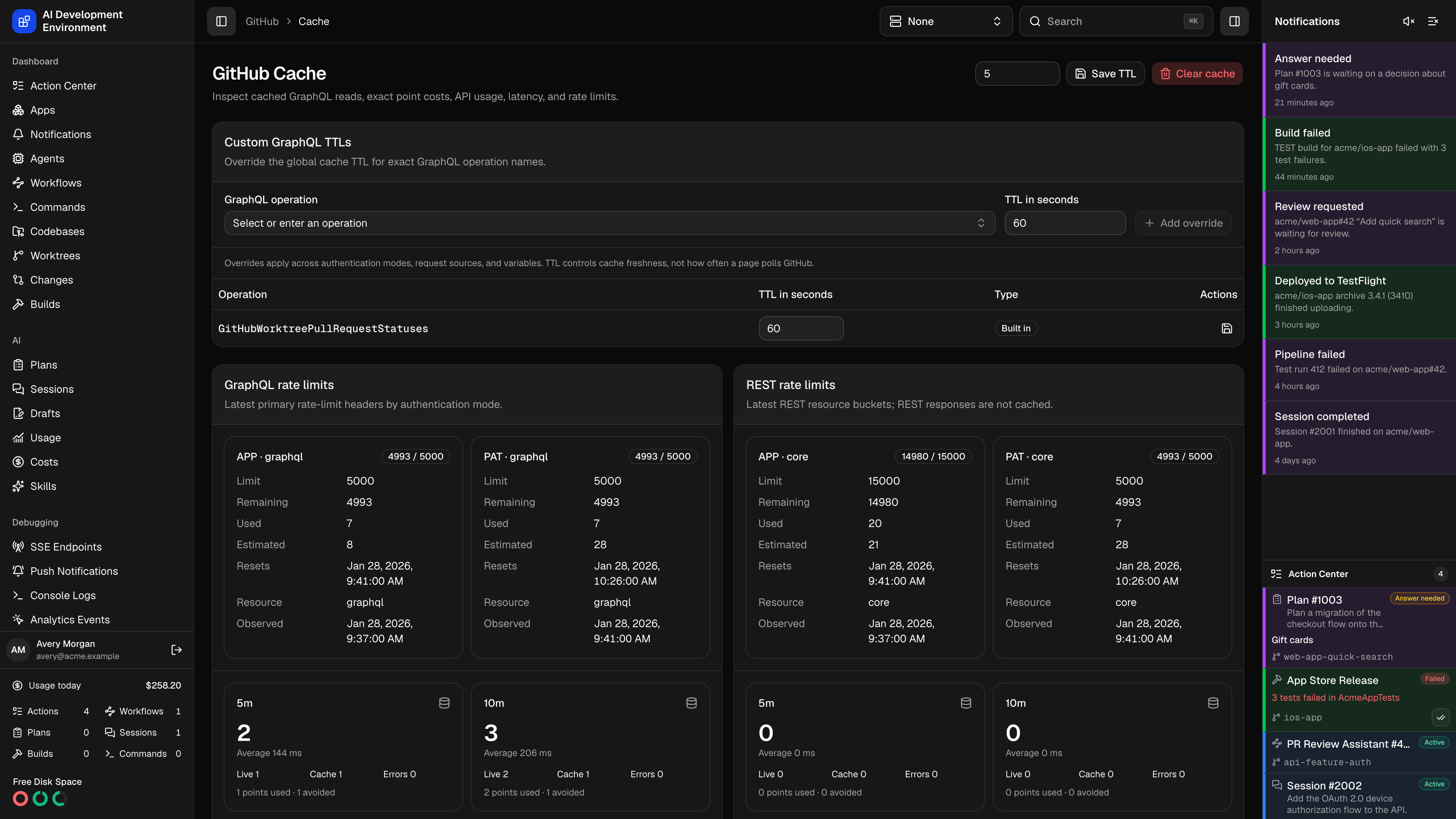 GitHub Cache in dark theme