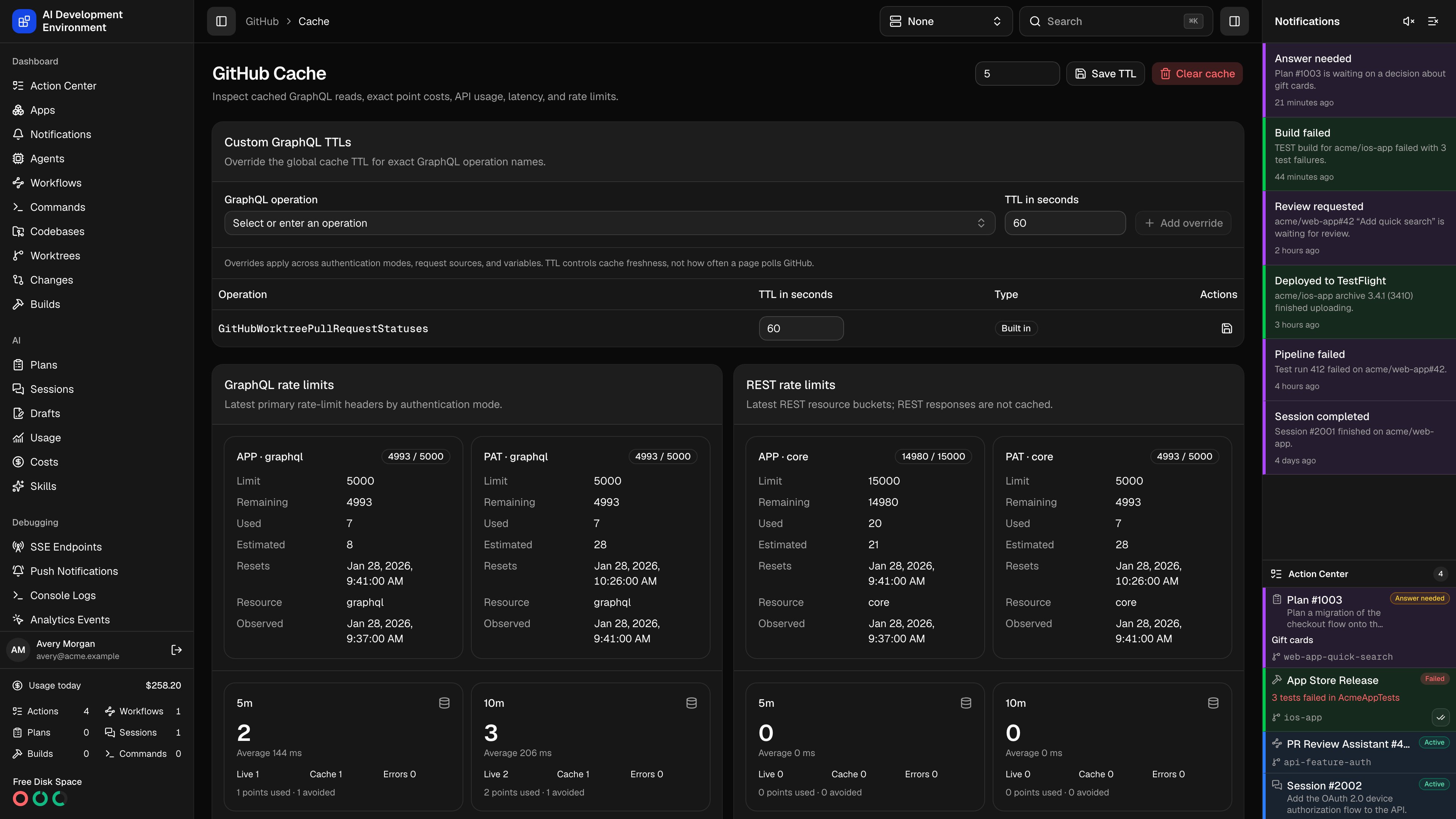 GitHub Cache in dark theme