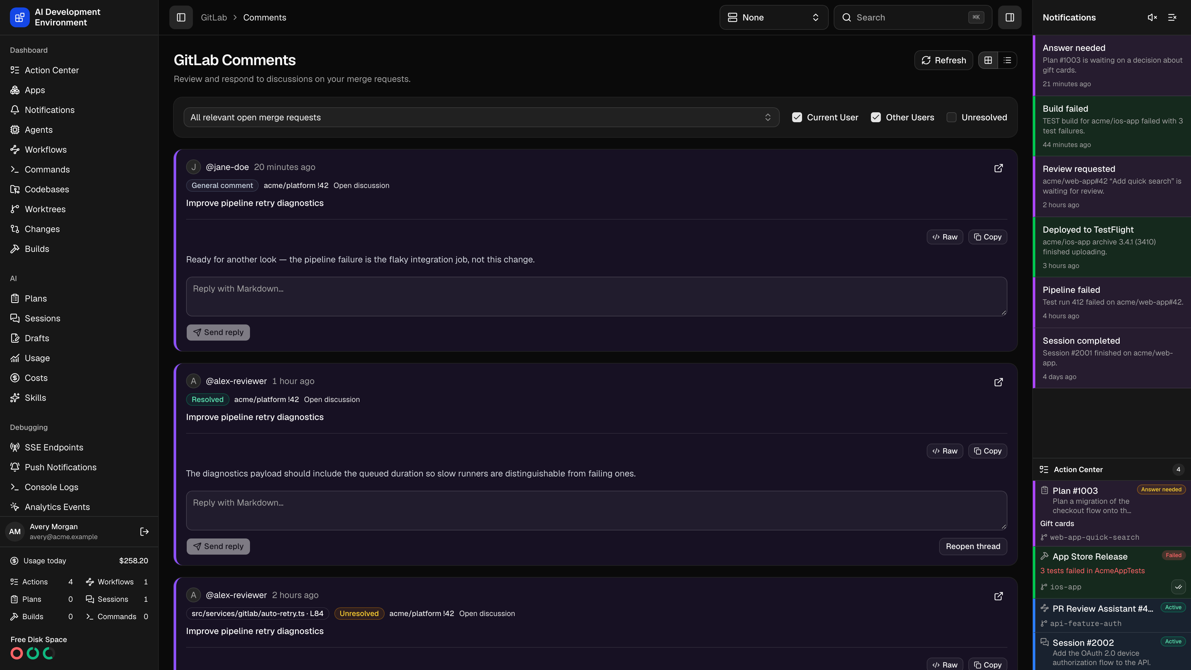 GitLab review requests in dark theme