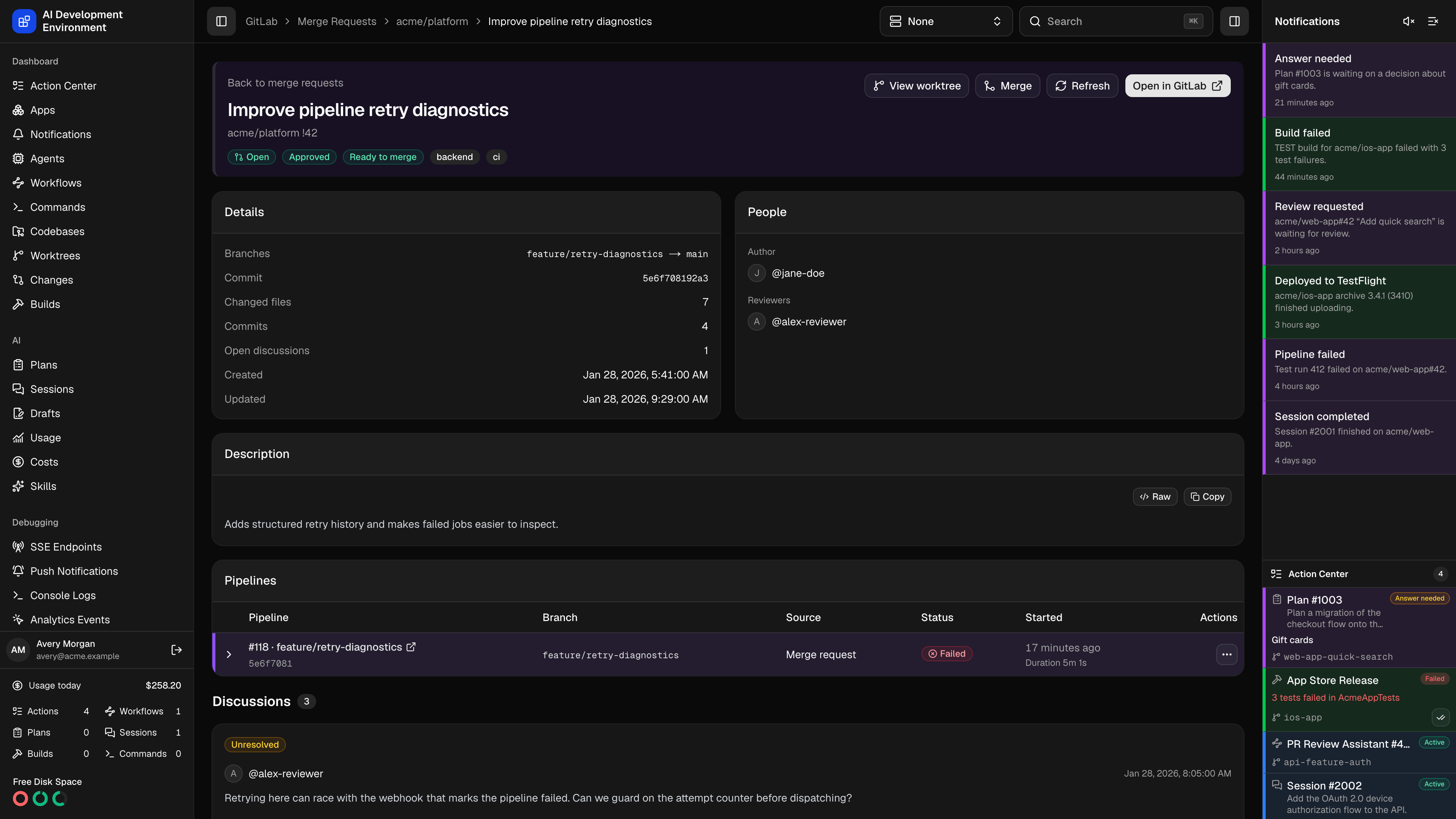 GitLab merge request details in dark theme