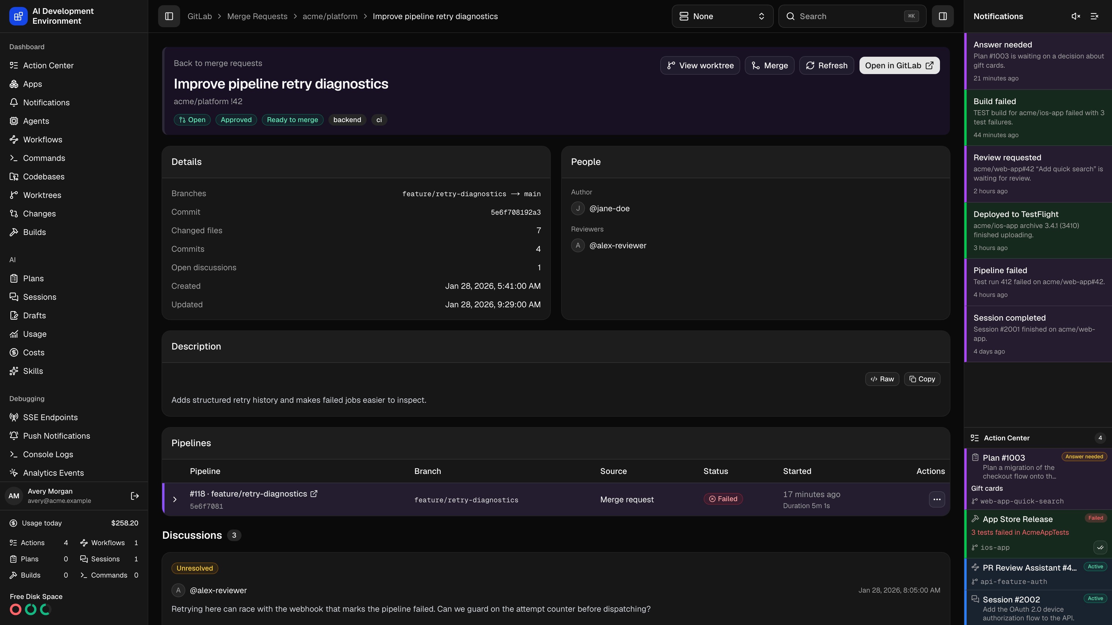 GitLab merge request details in dark theme