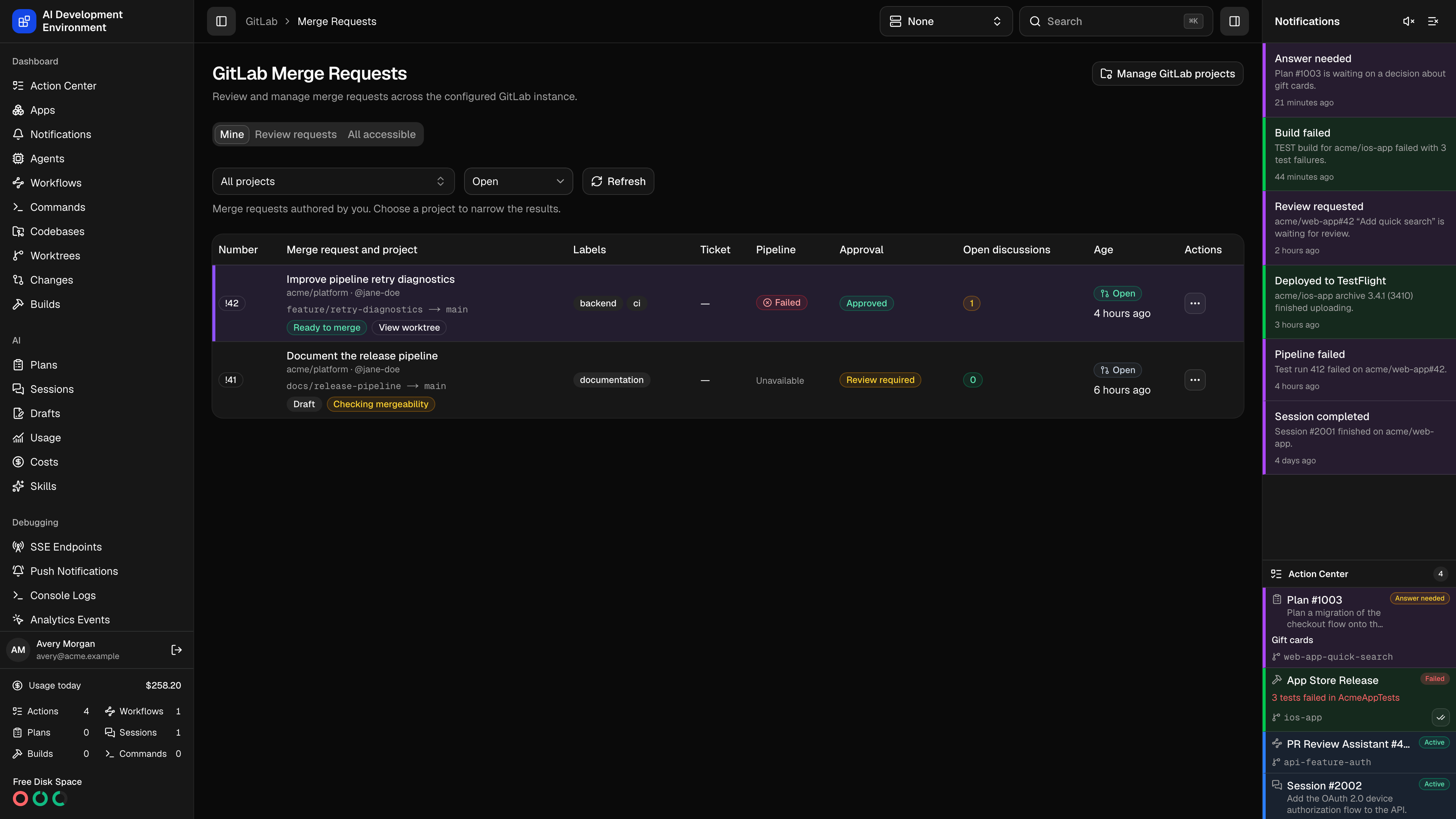 GitLab merge requests in dark theme