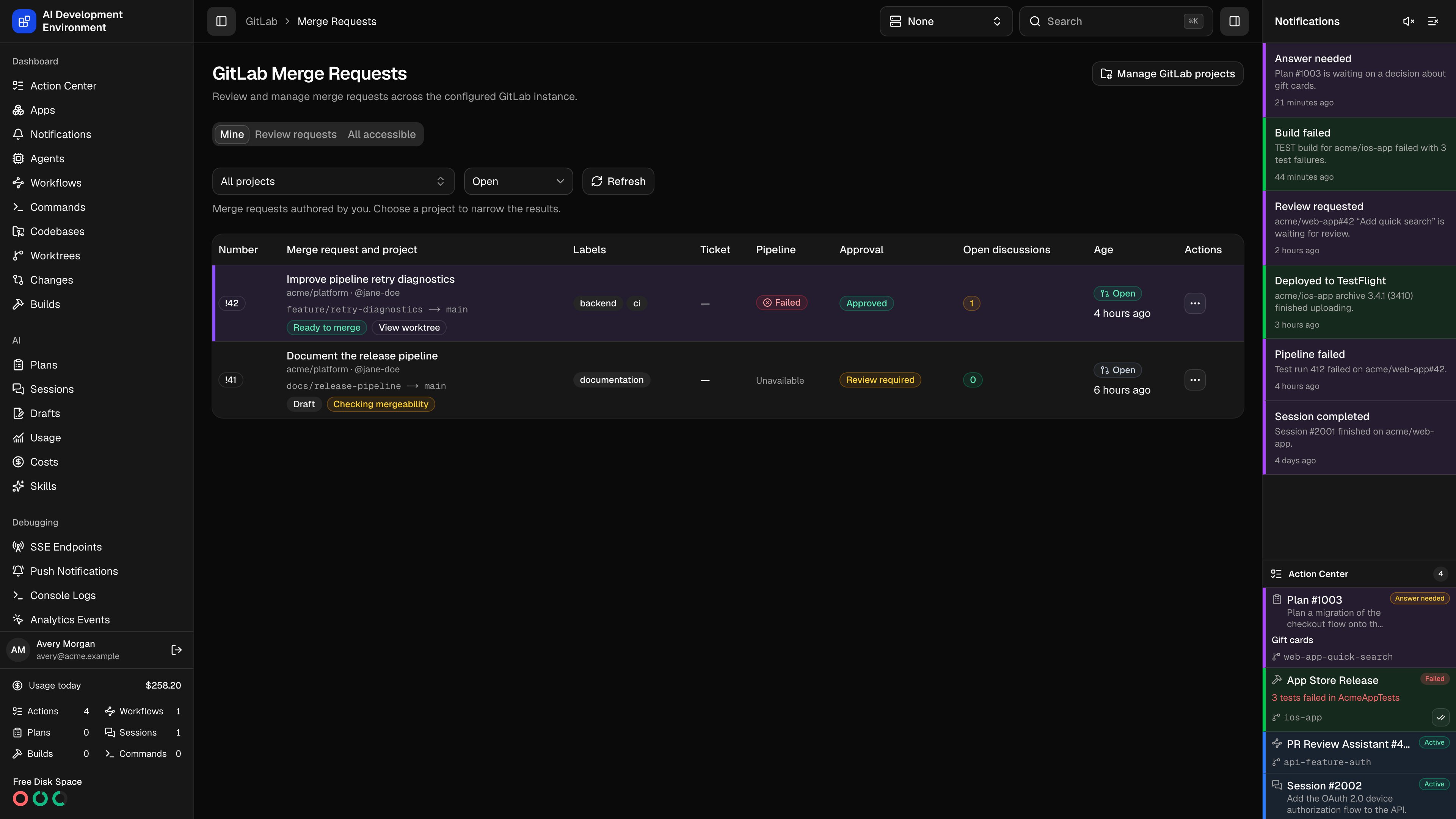 GitLab merge requests in dark theme