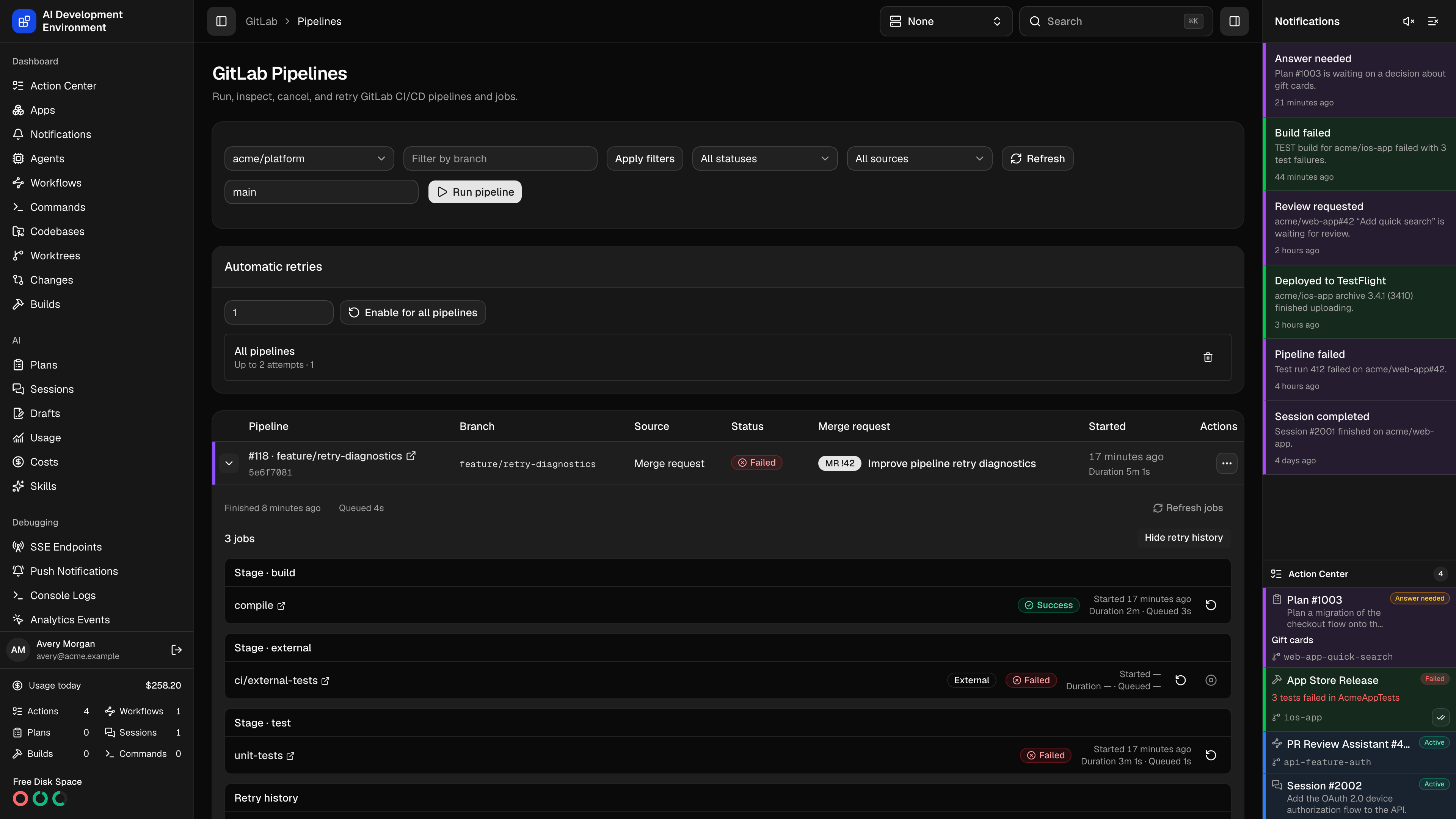 Expanded GitLab pipeline with staged jobs and retry history in dark theme