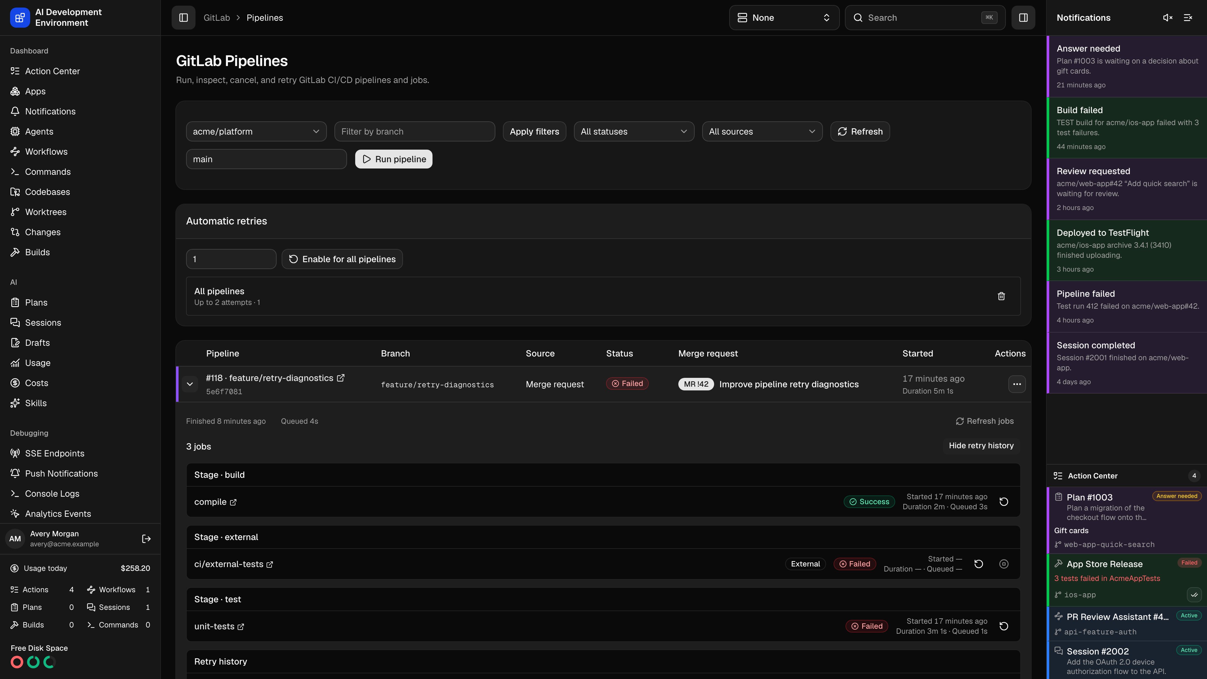 Expanded GitLab pipeline with staged jobs and retry history in dark theme