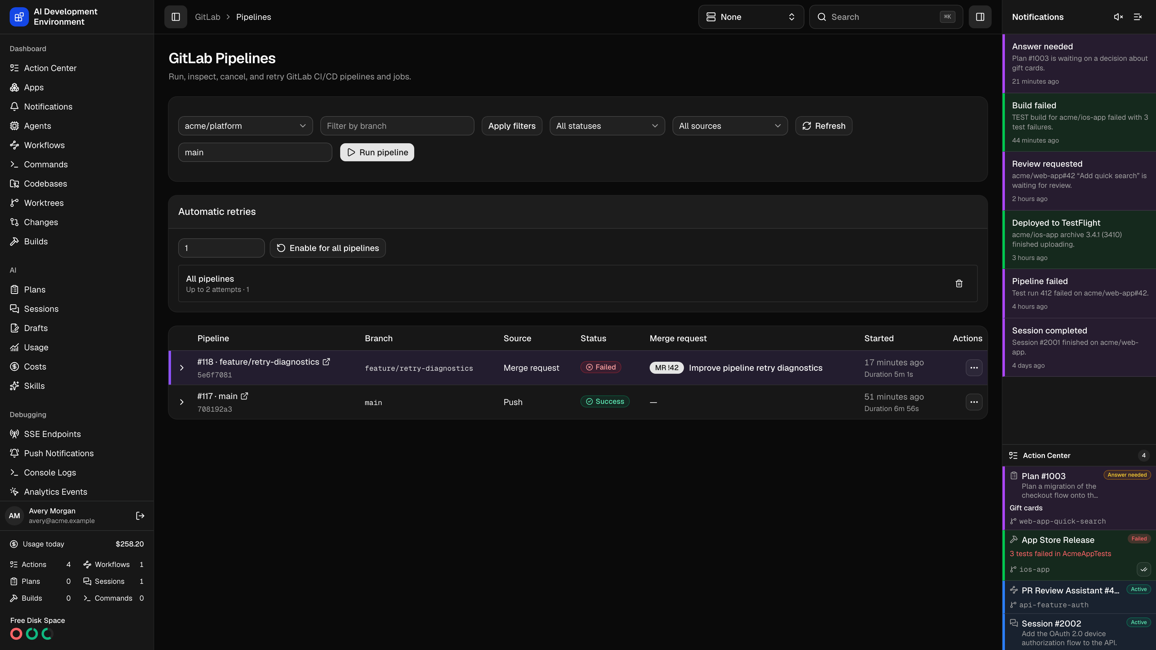 GitLab pipelines table in dark theme