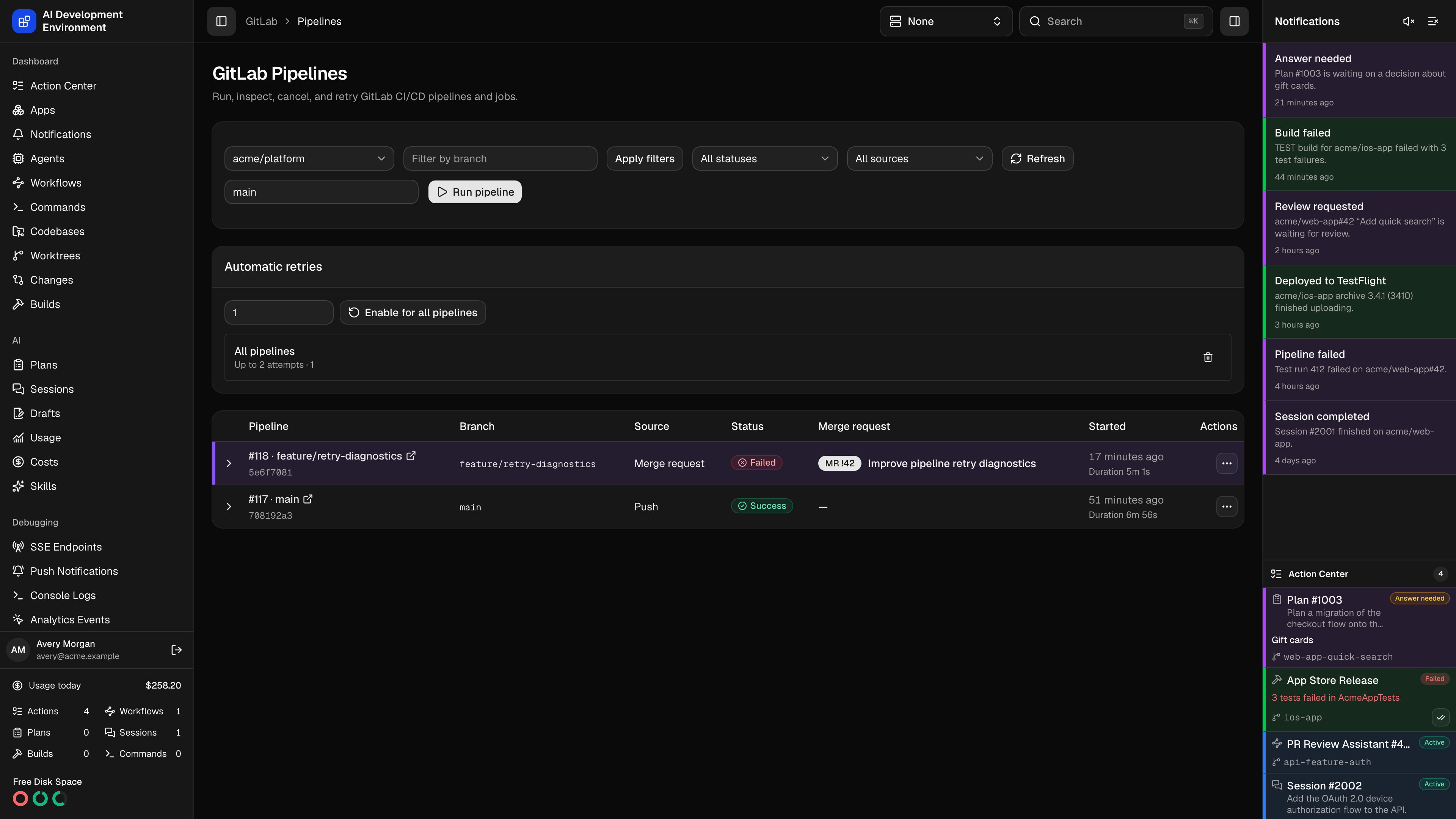 GitLab pipelines table in dark theme