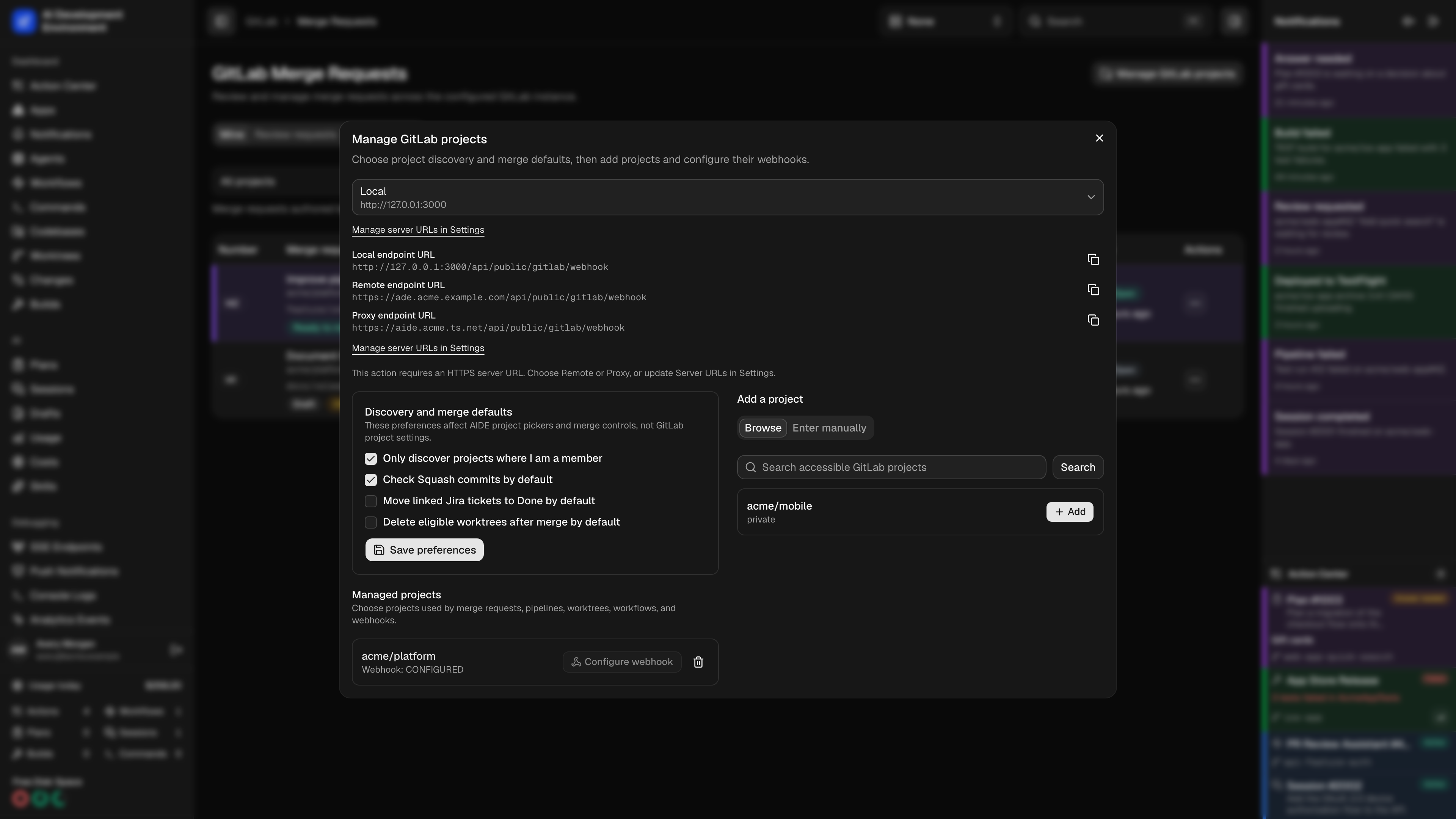 Manage GitLab projects dialog in dark theme