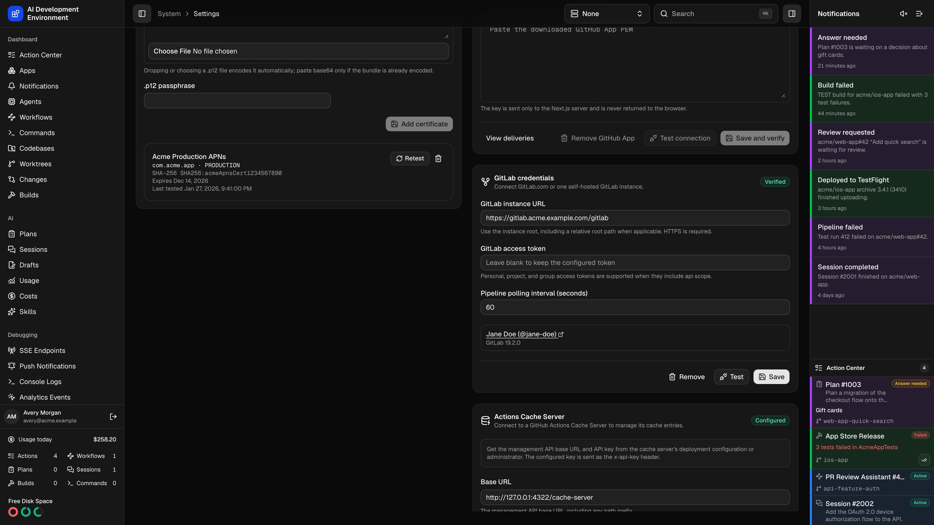 GitLab credentials card in Settings in dark theme