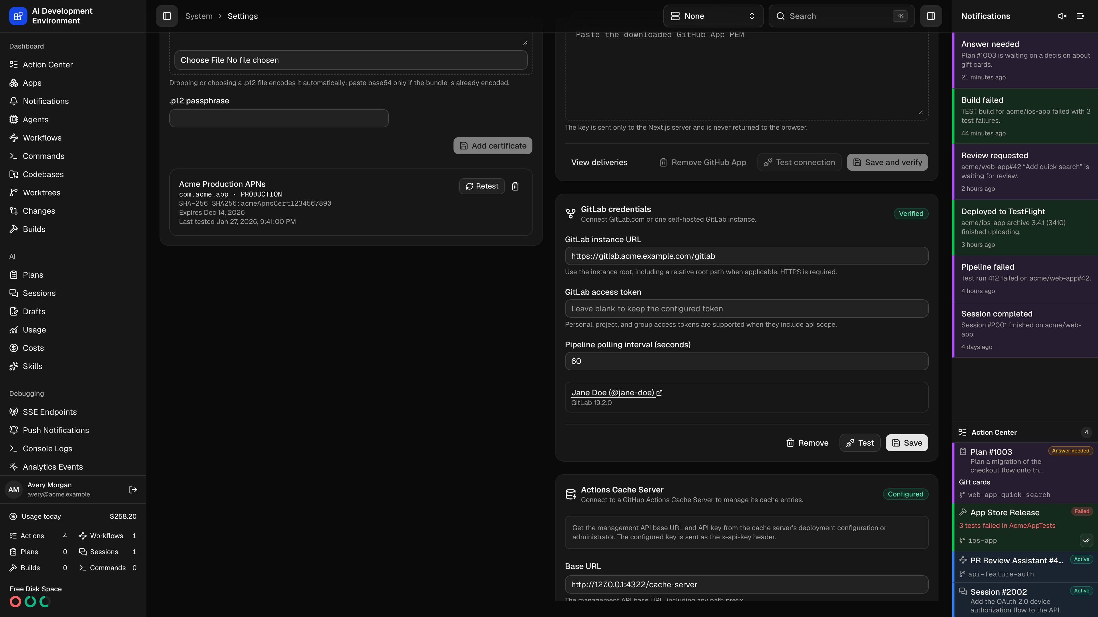 GitLab credentials card in Settings in dark theme