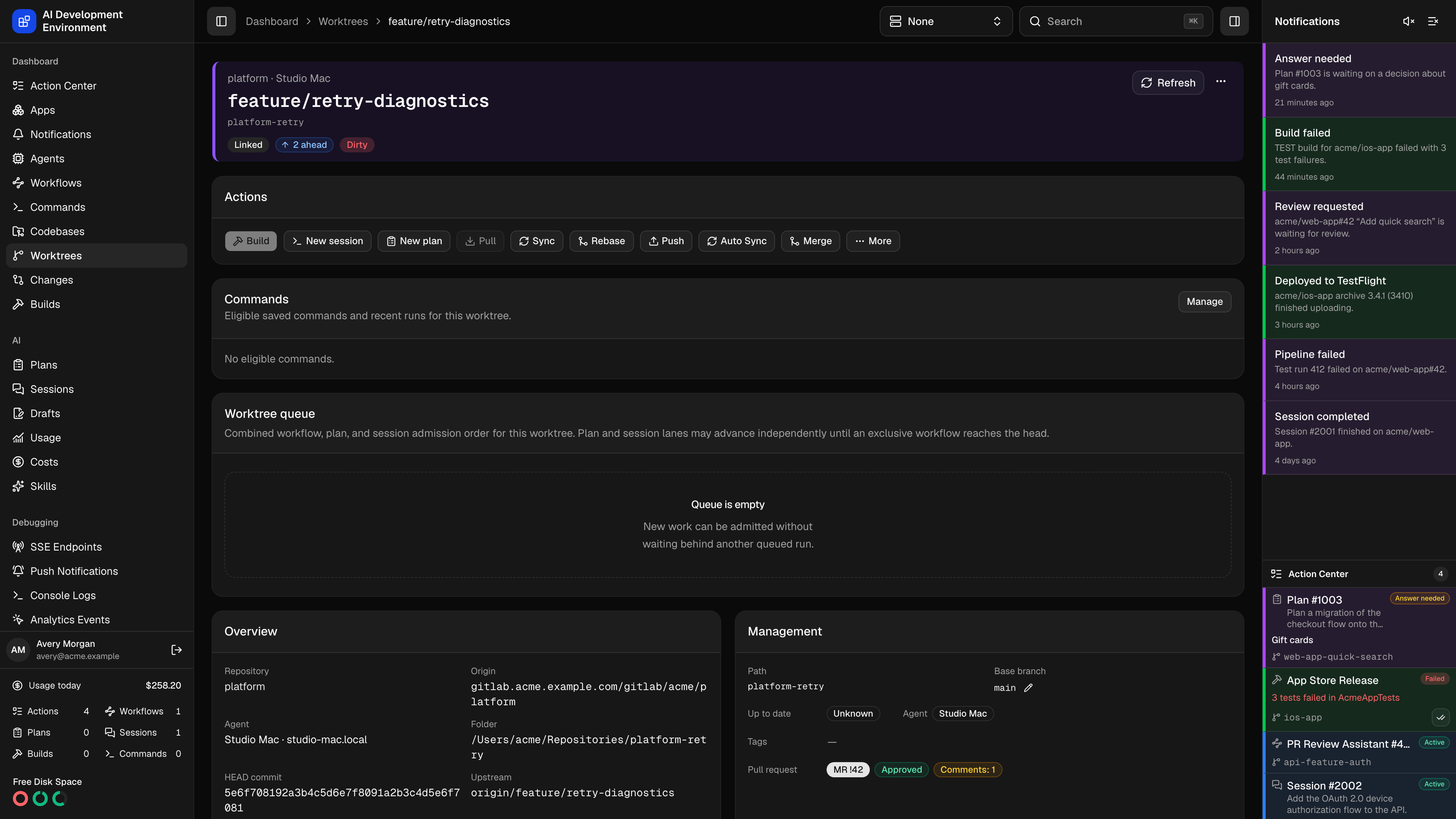 Worktree linked to a GitLab merge request in dark theme