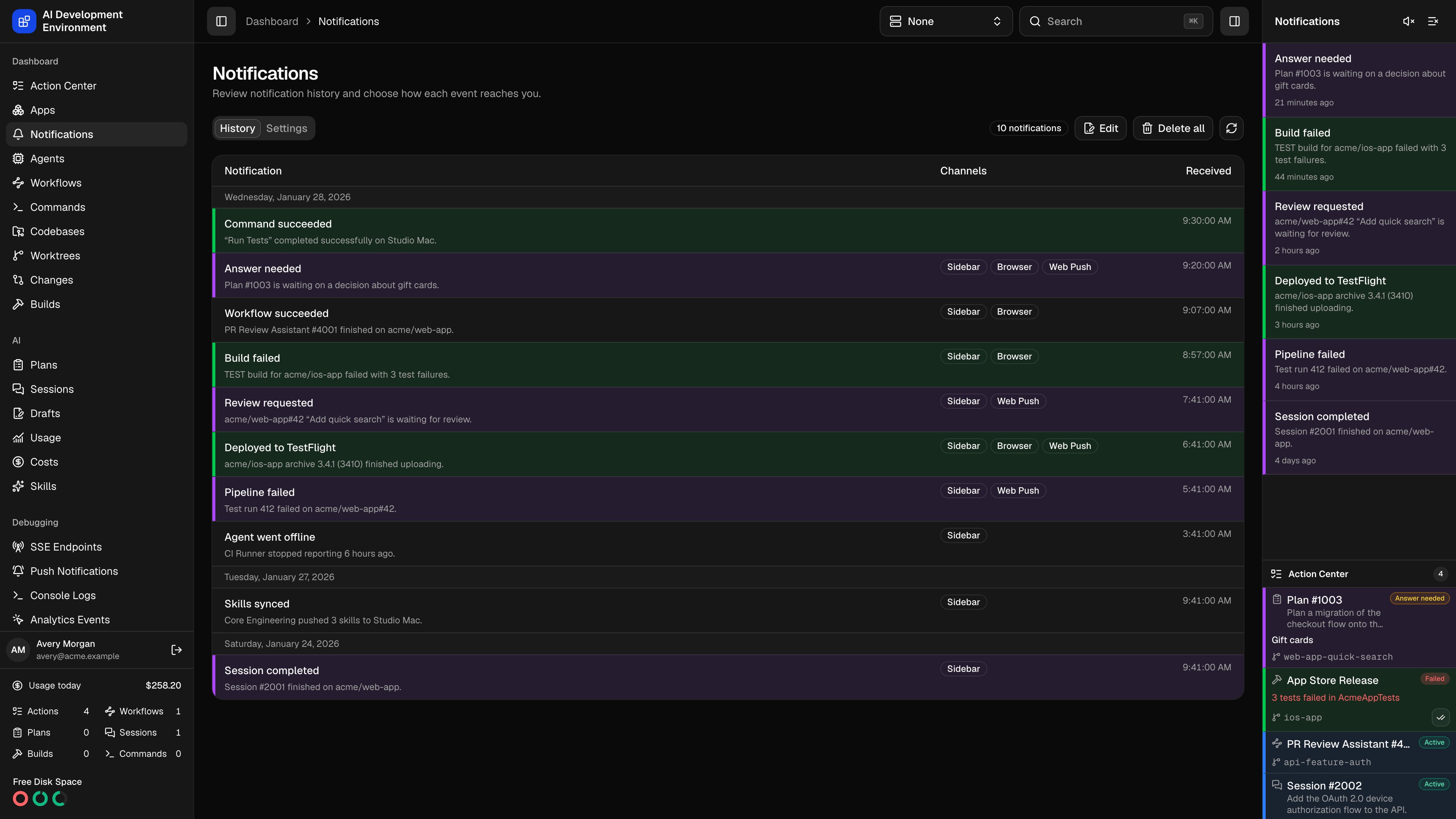 Notifications page in dark theme