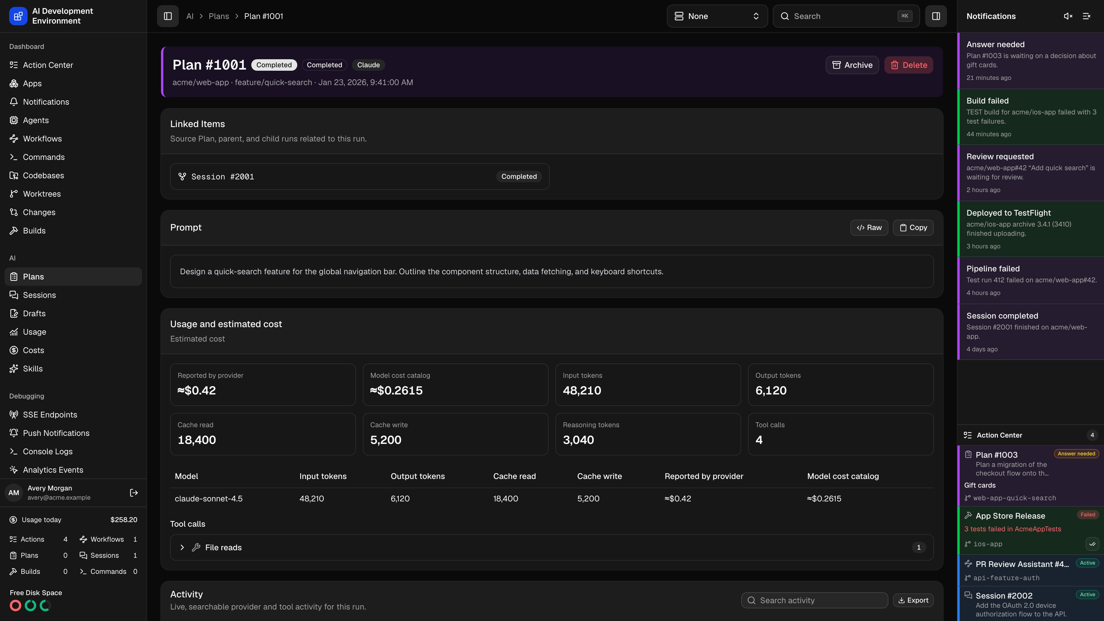 Plan details in dark theme