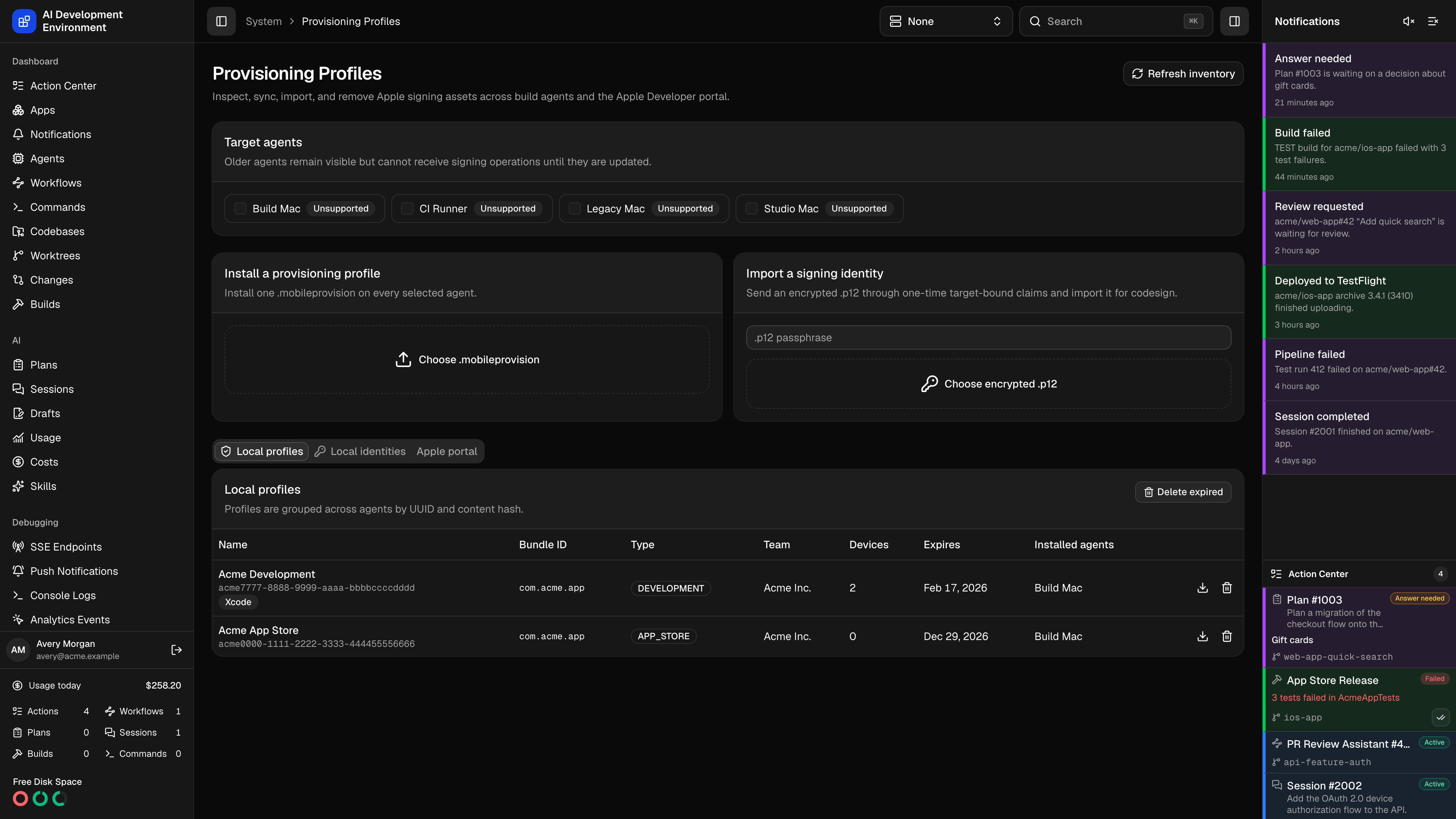 Provisioning Profiles page in dark theme