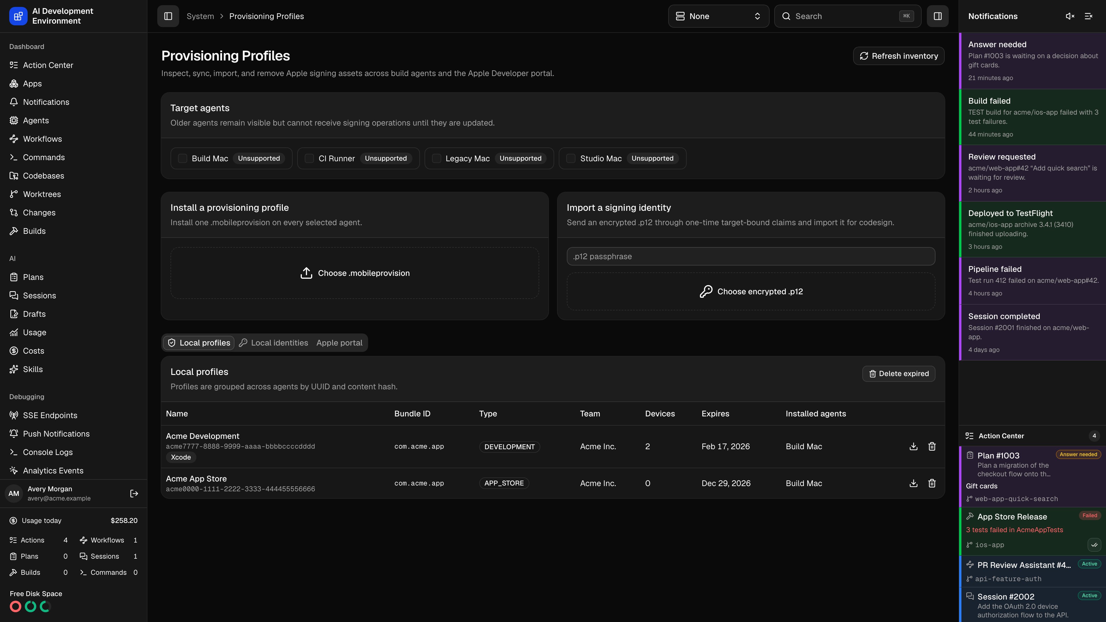 Provisioning Profiles page in dark theme