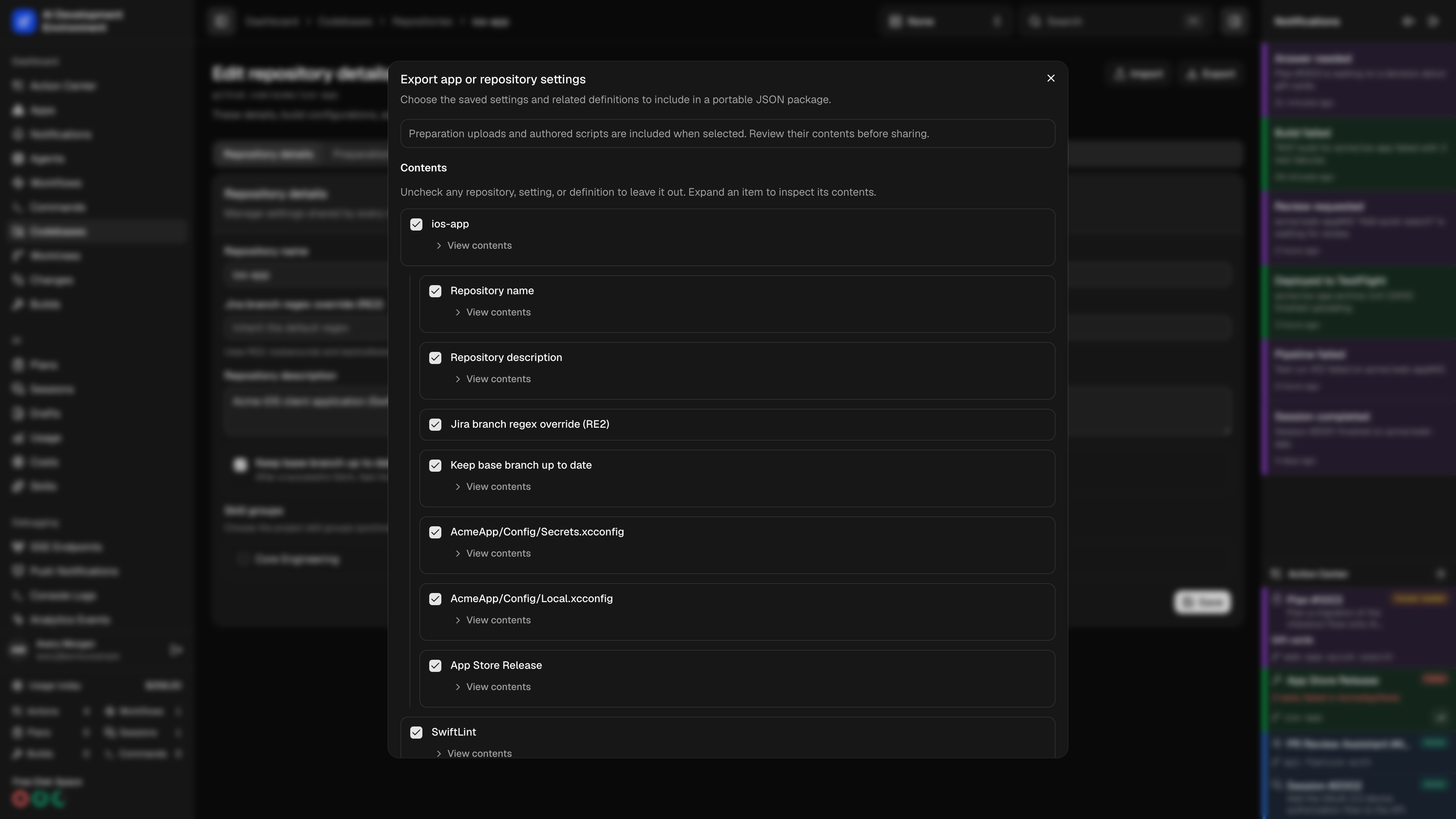Selecting repository settings for export in dark theme