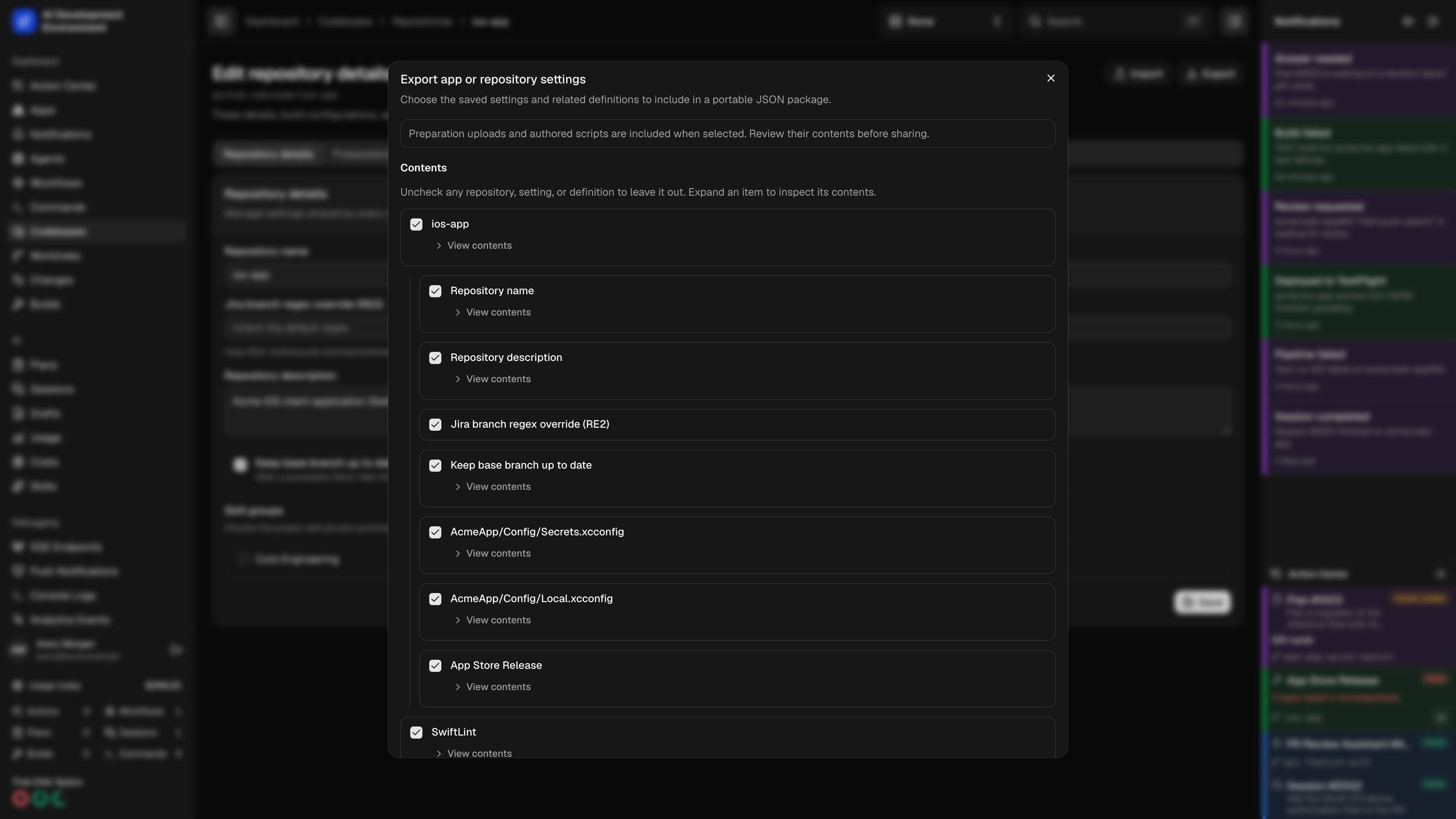 Selecting repository settings for export in dark theme