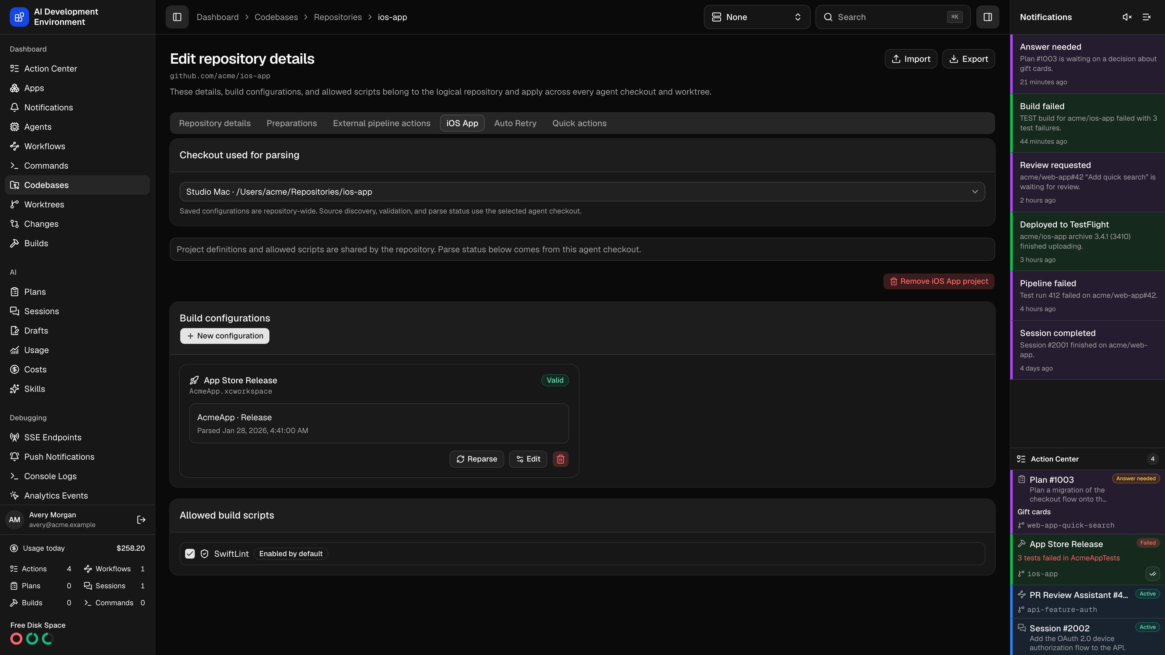 Repository iOS project management in dark theme