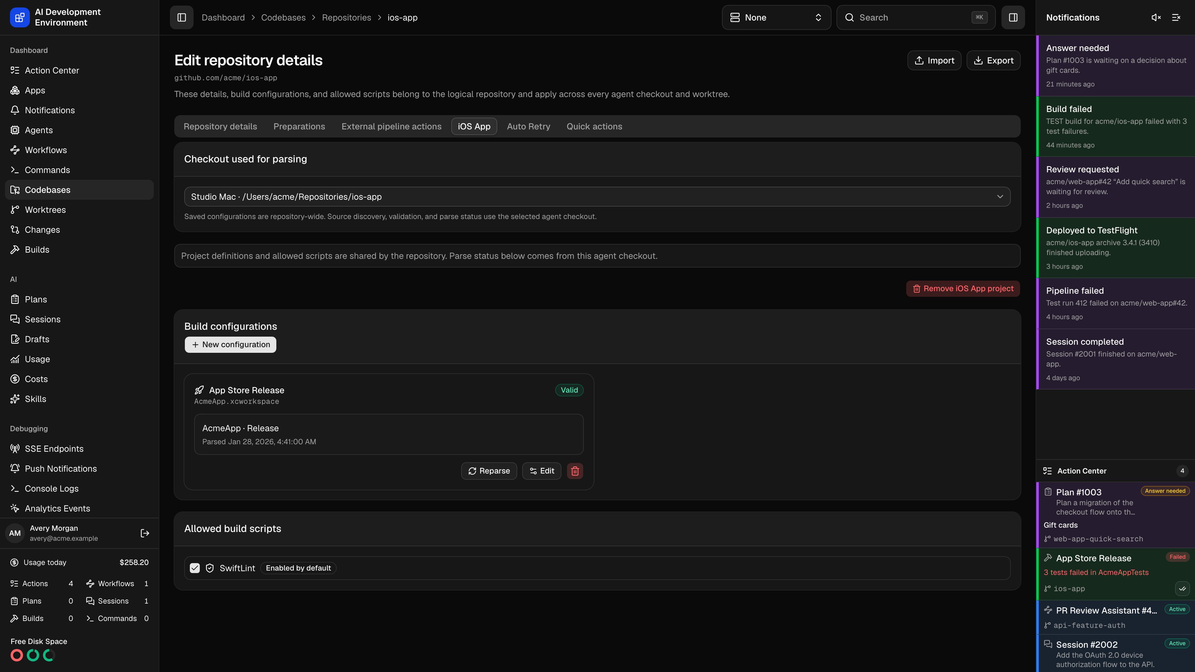 Repository iOS project management in dark theme