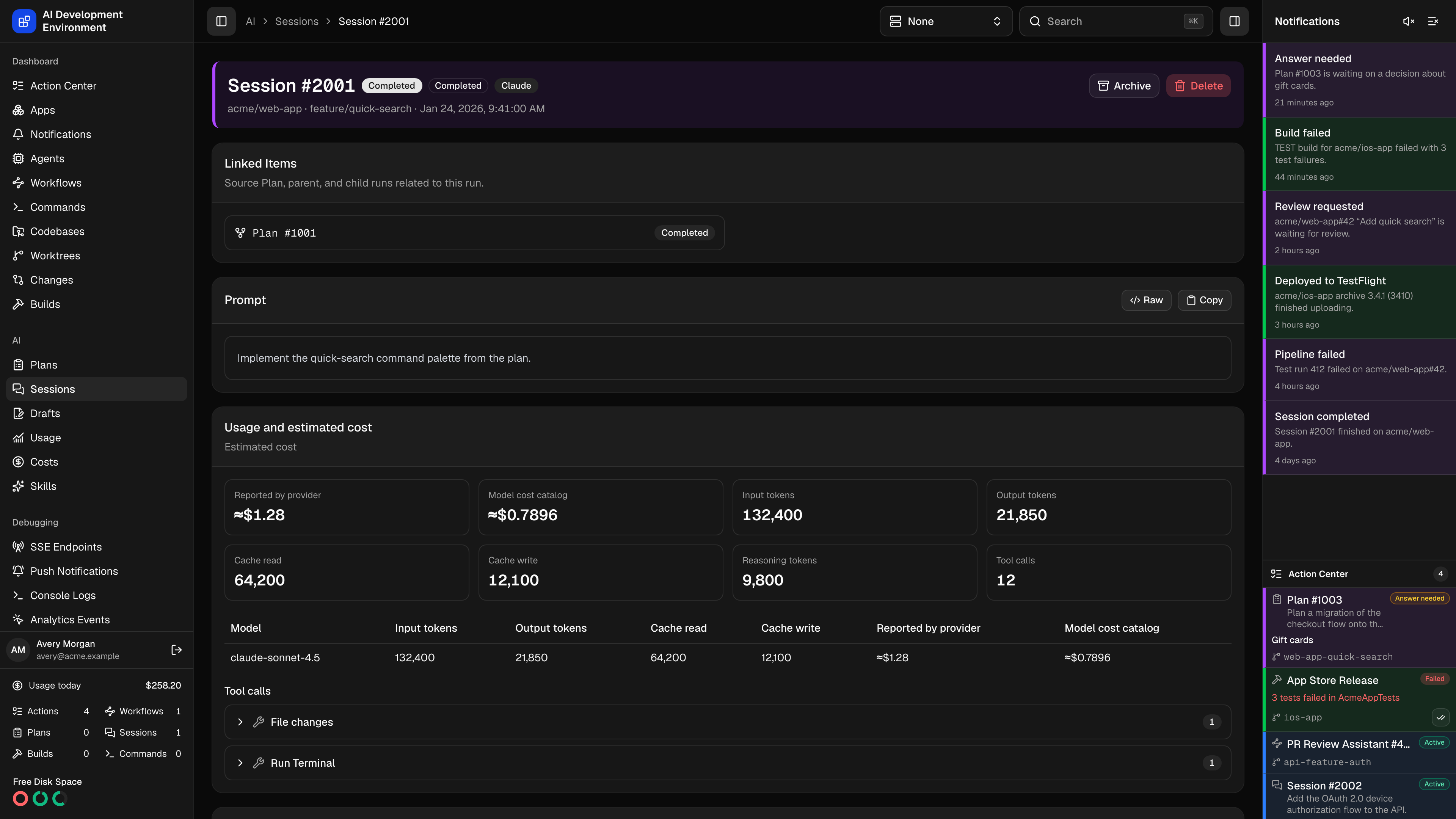 Session details page in dark theme