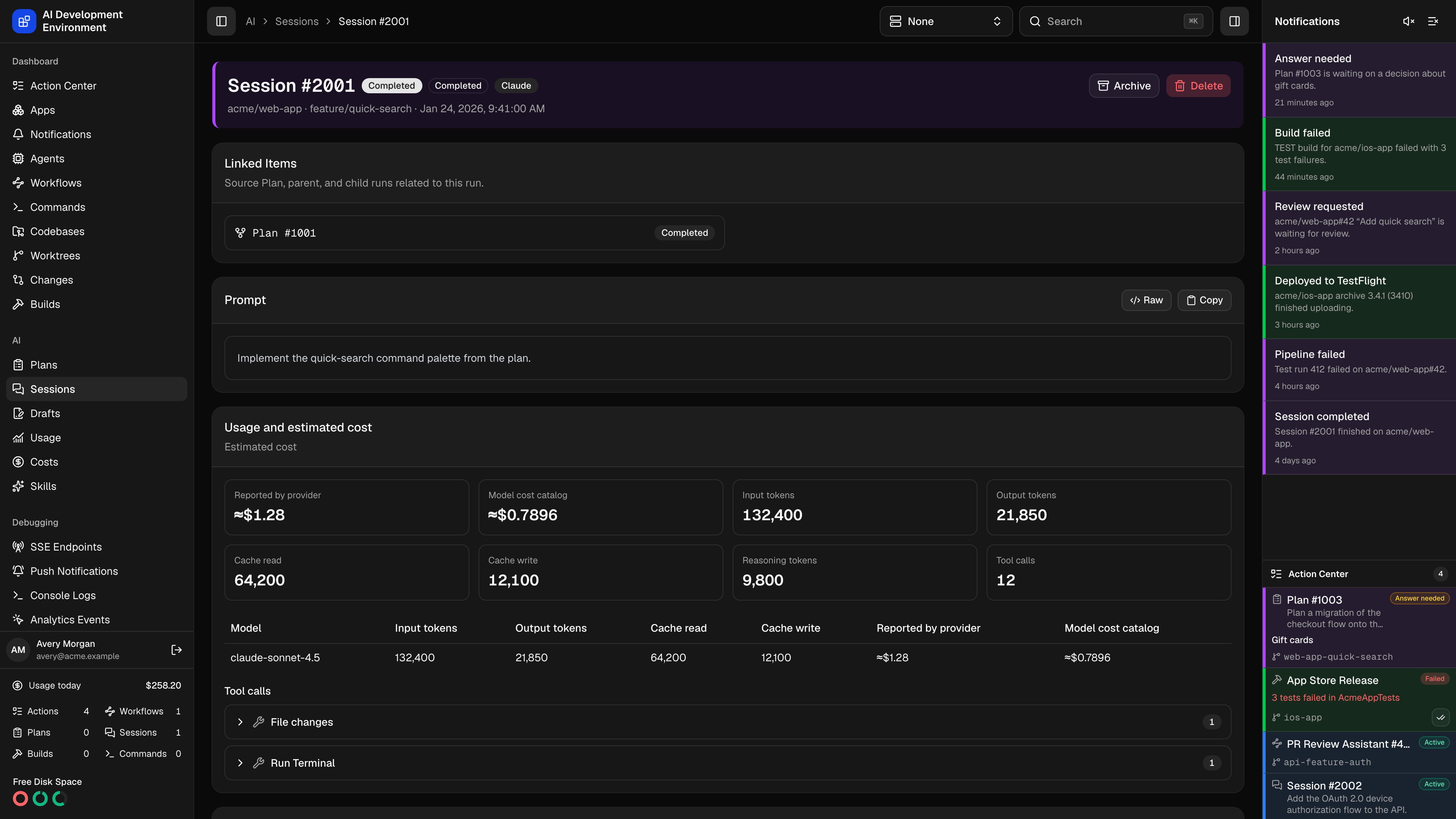 Session details page in dark theme