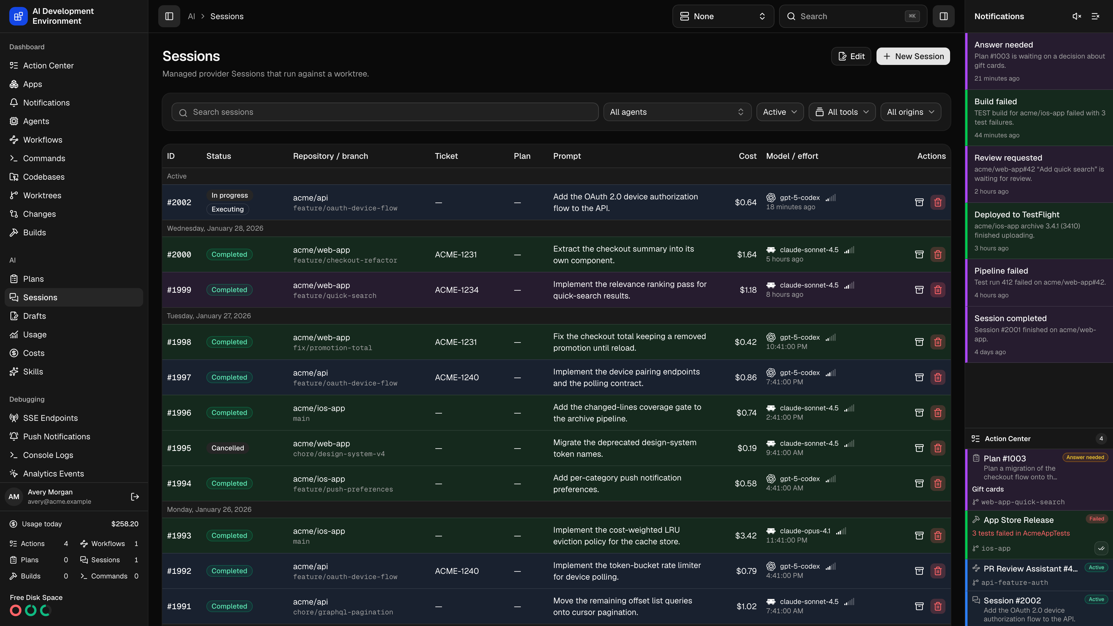 Sessions in dark theme