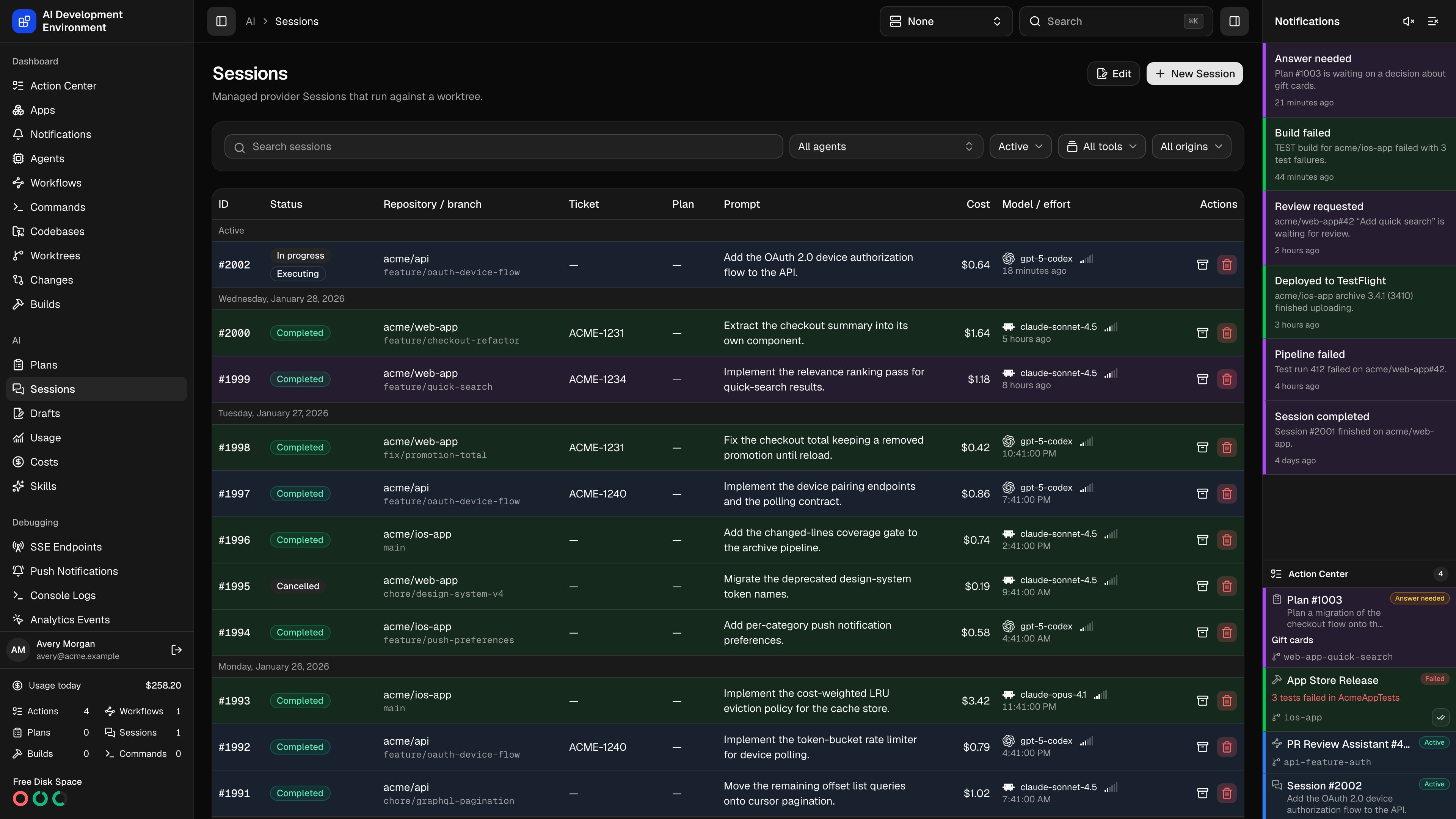 Sessions in dark theme