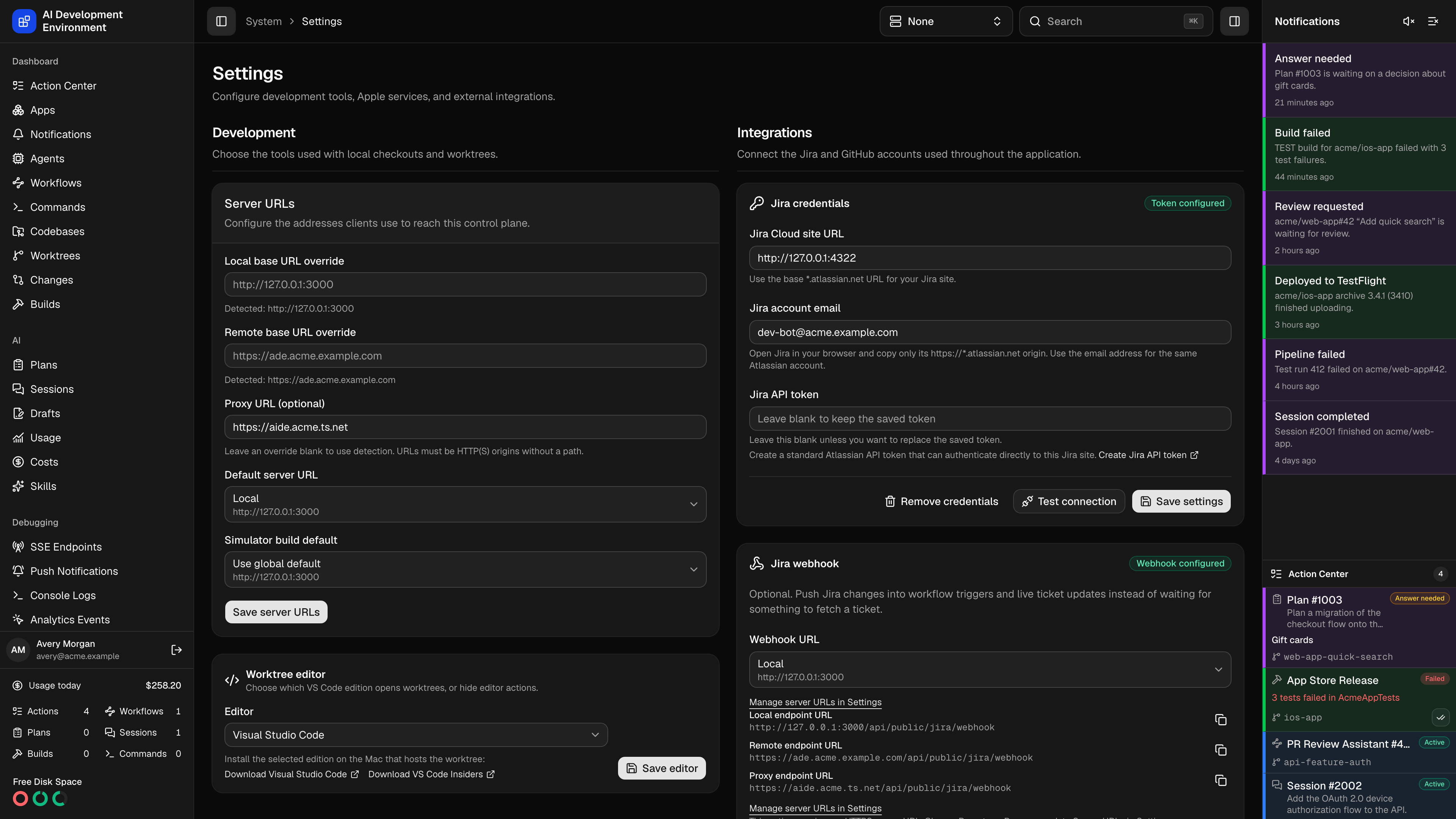 Settings page in dark theme