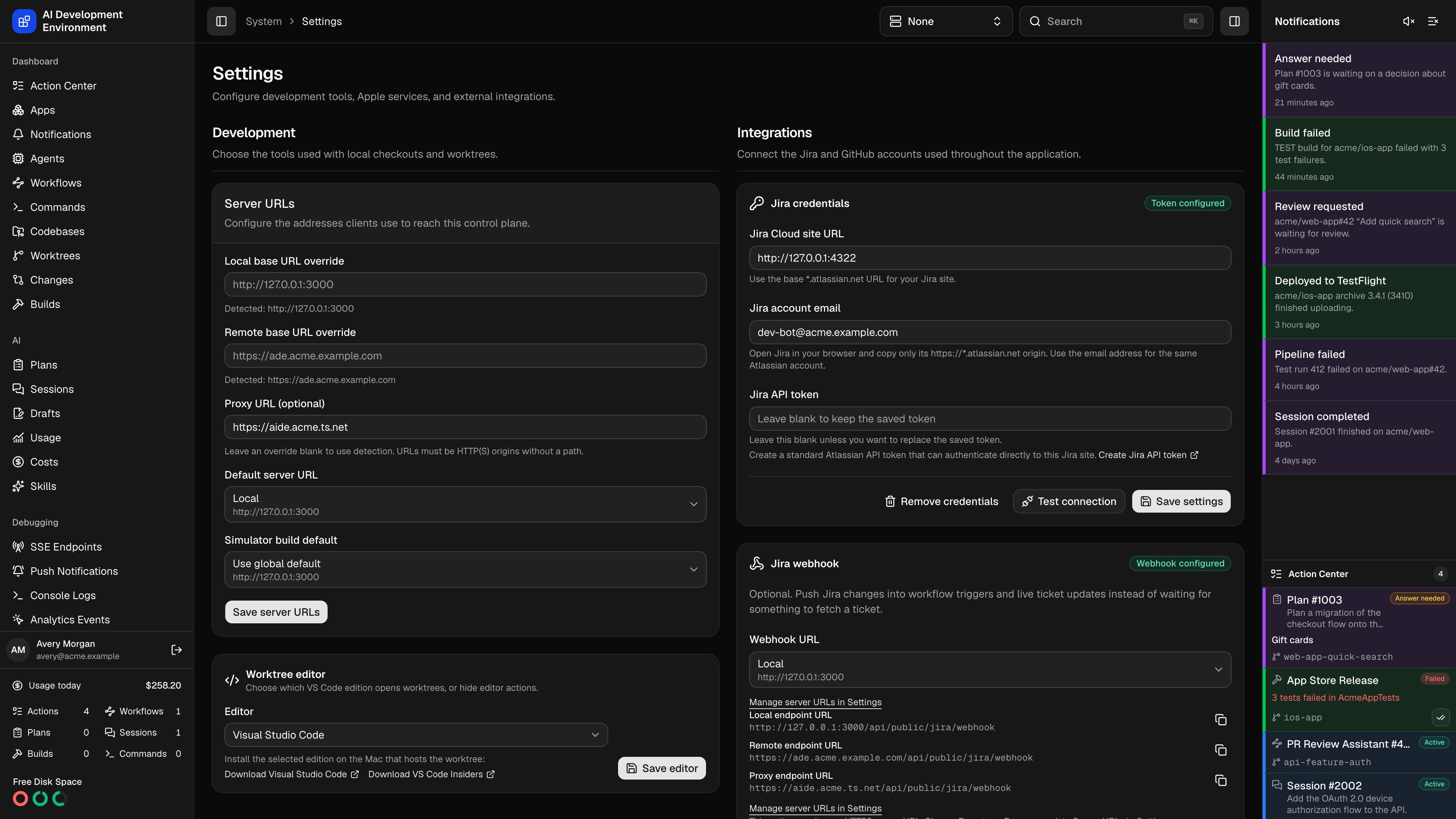 Settings page in dark theme