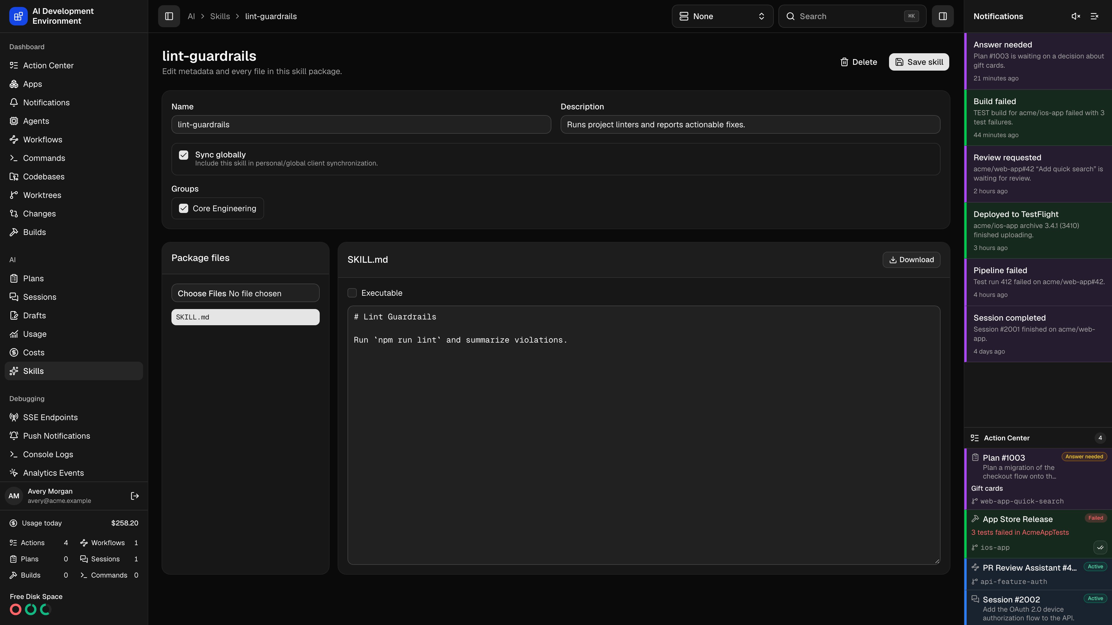 Skill editor in dark theme