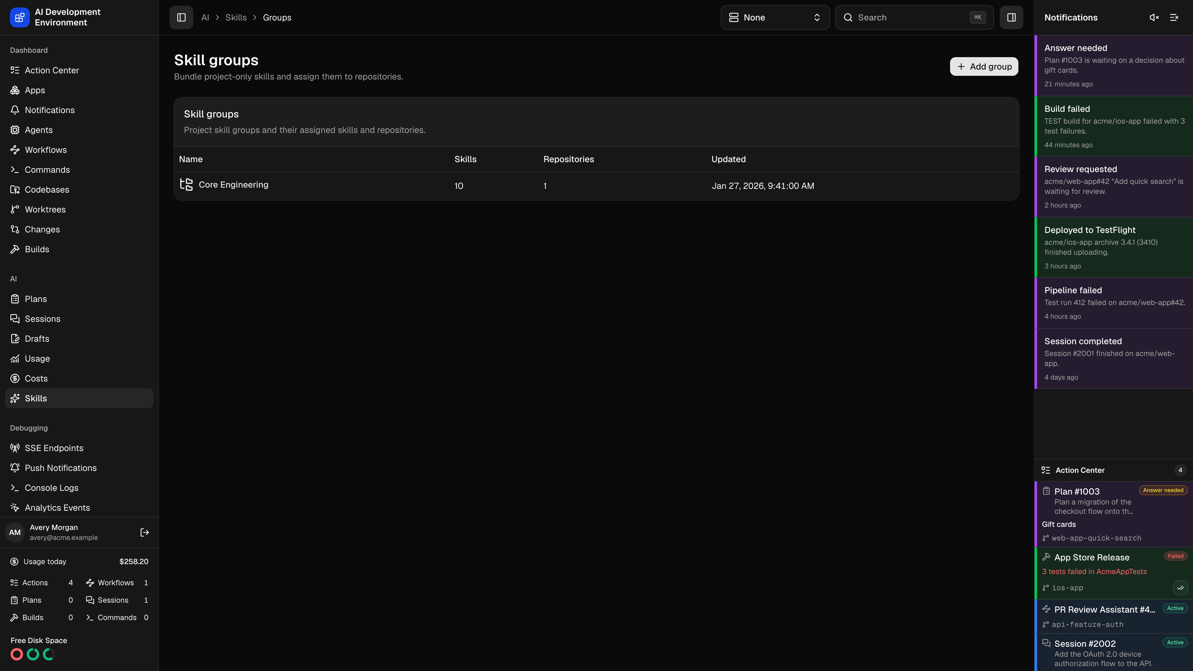 Skill groups in dark theme