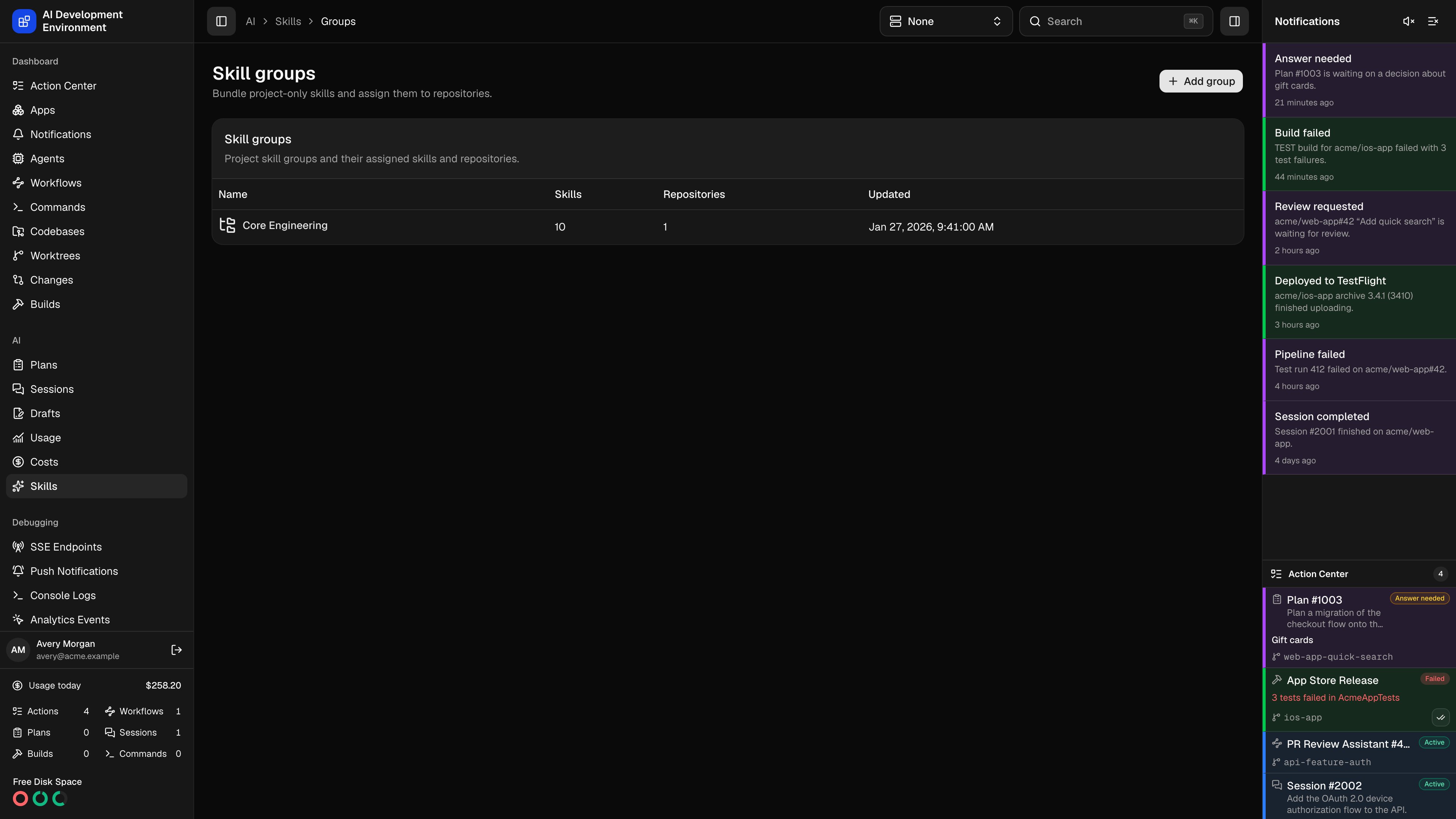 Skill groups in dark theme