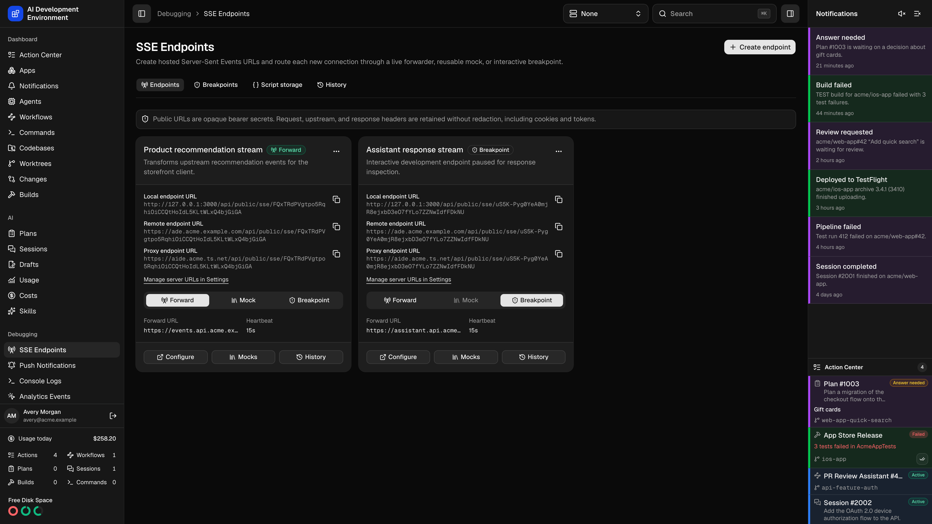 SSE Endpoints page in dark theme