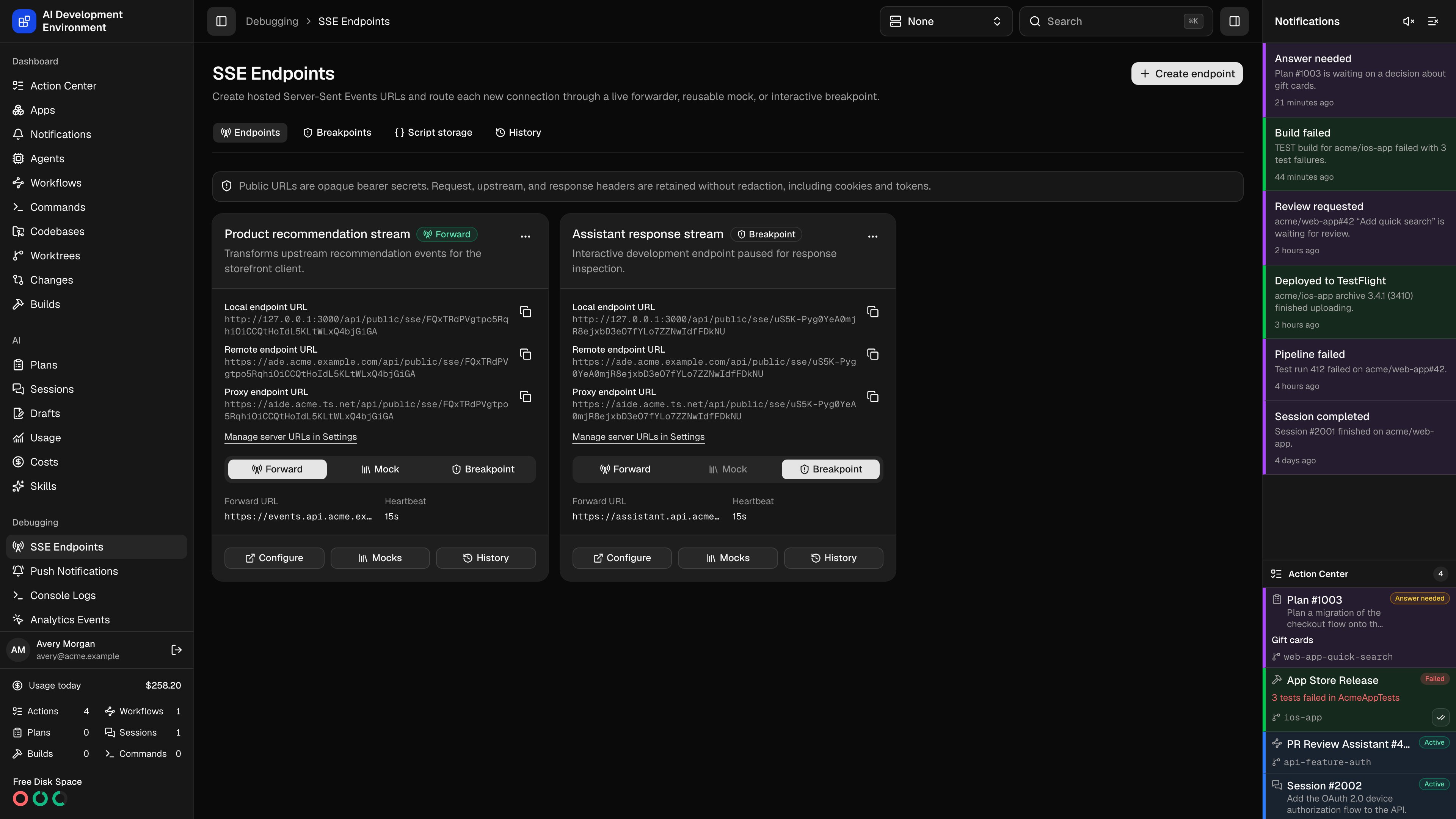 SSE Endpoints page in dark theme