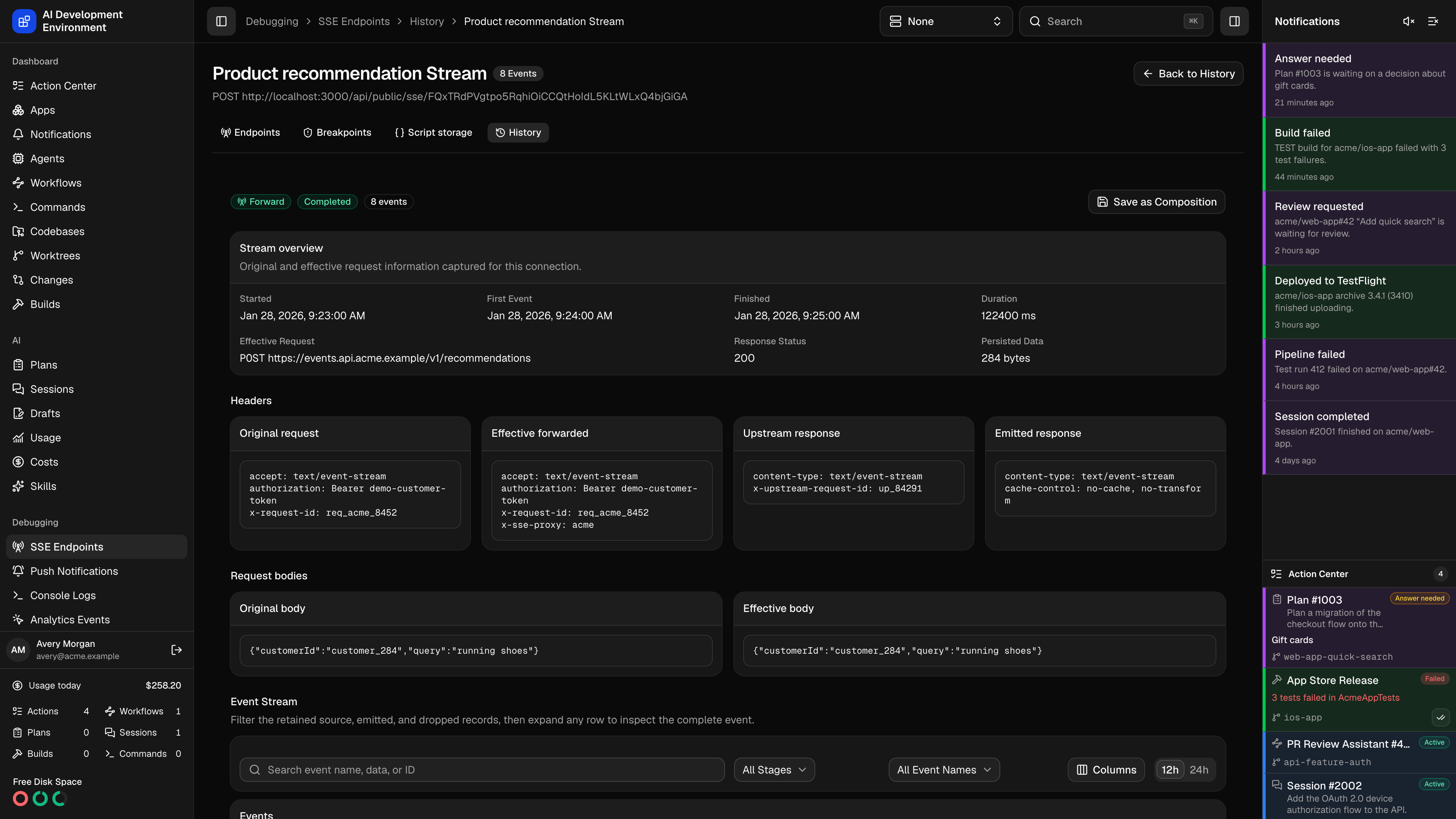Dedicated SSE stream history page in dark theme