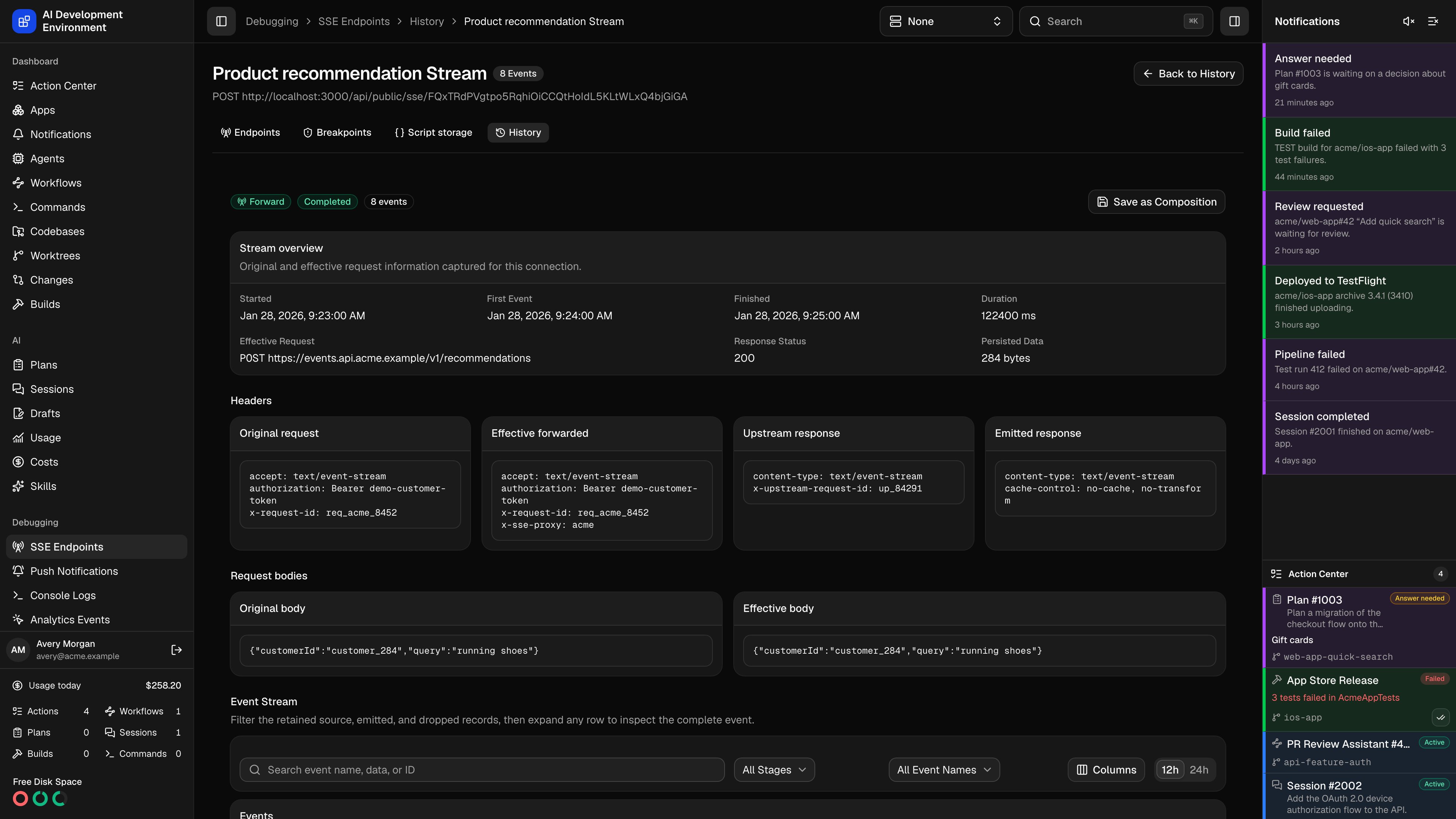 Dedicated SSE stream history page in dark theme