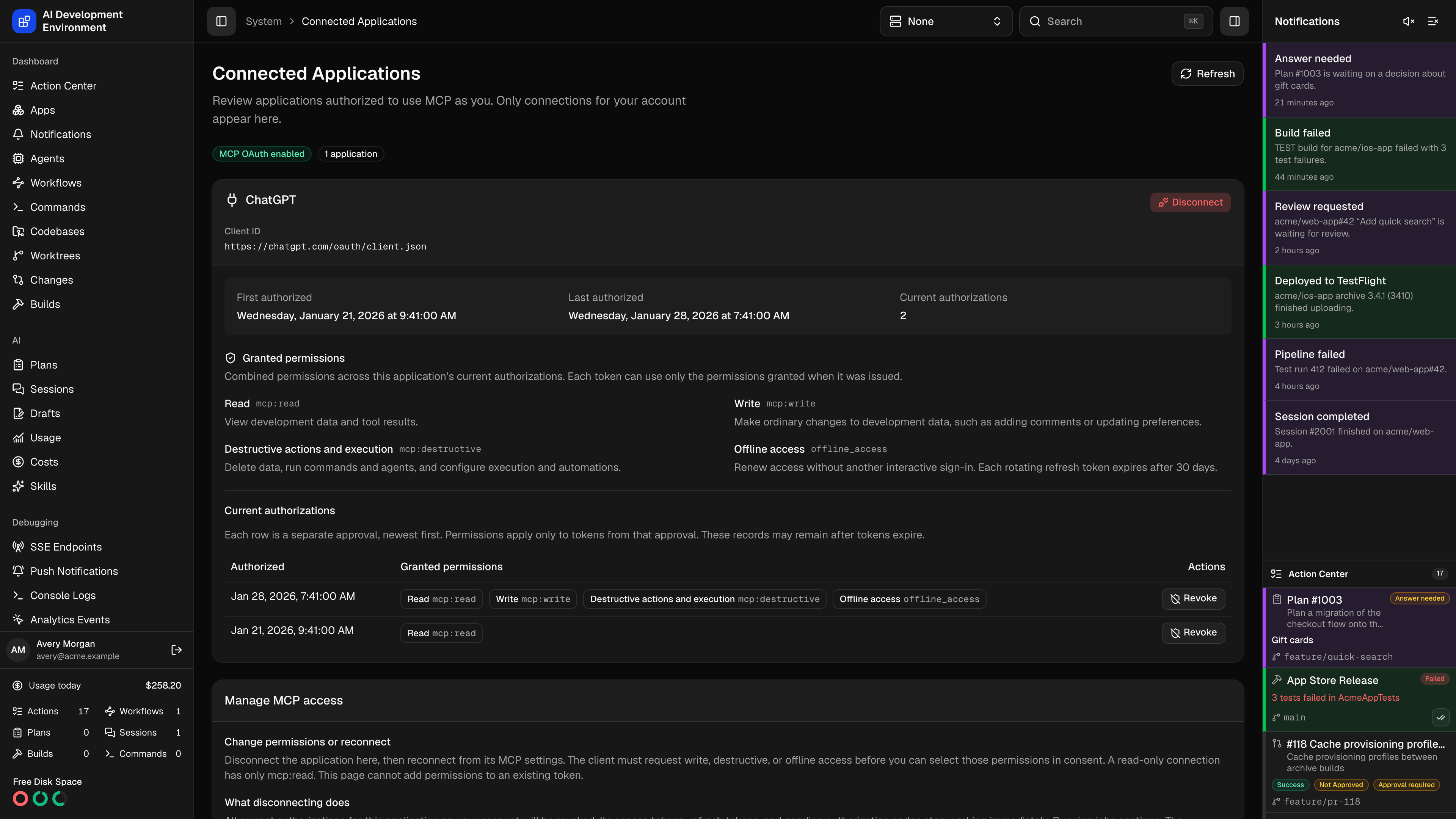 Connected Applications with permissions and current authorizations in dark theme