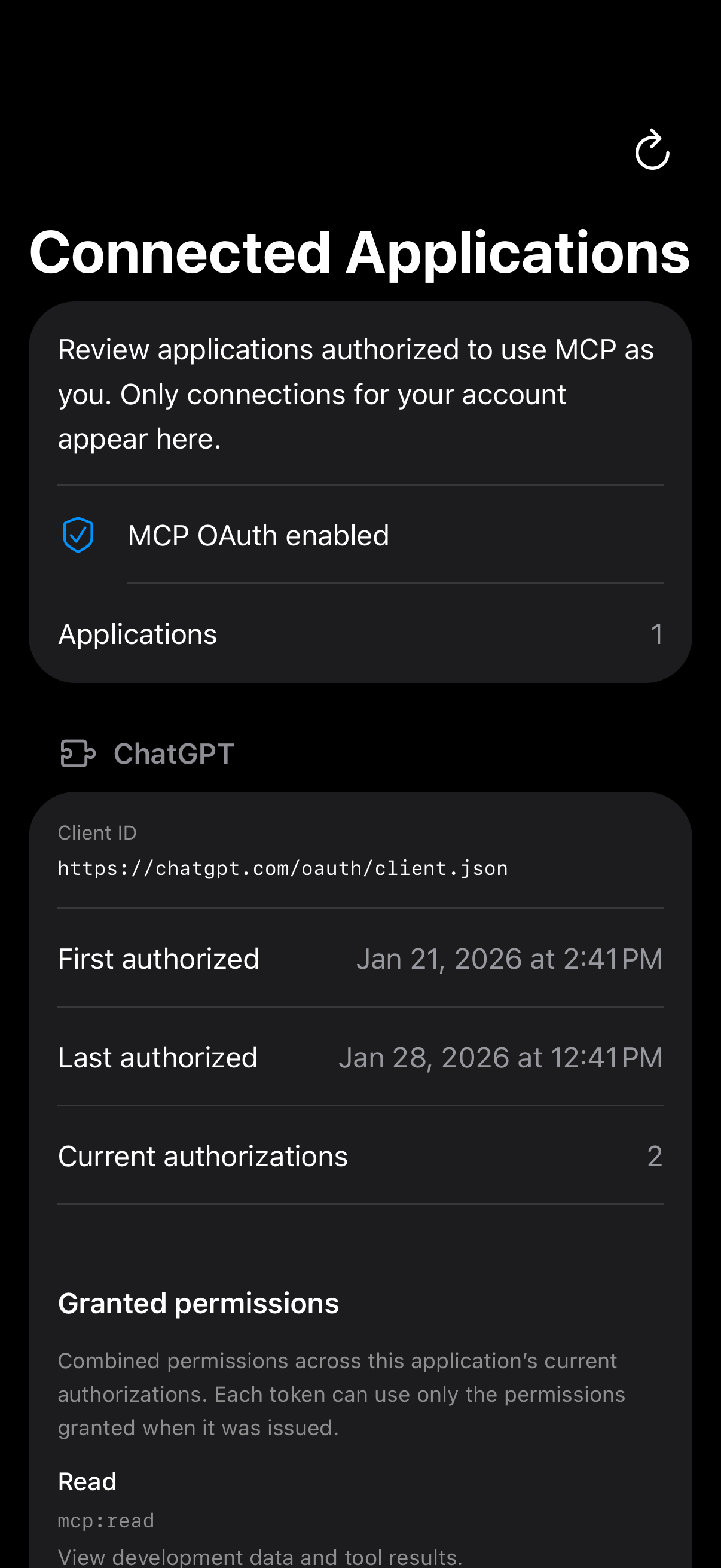 Native iOS Connected Applications screen in dark theme