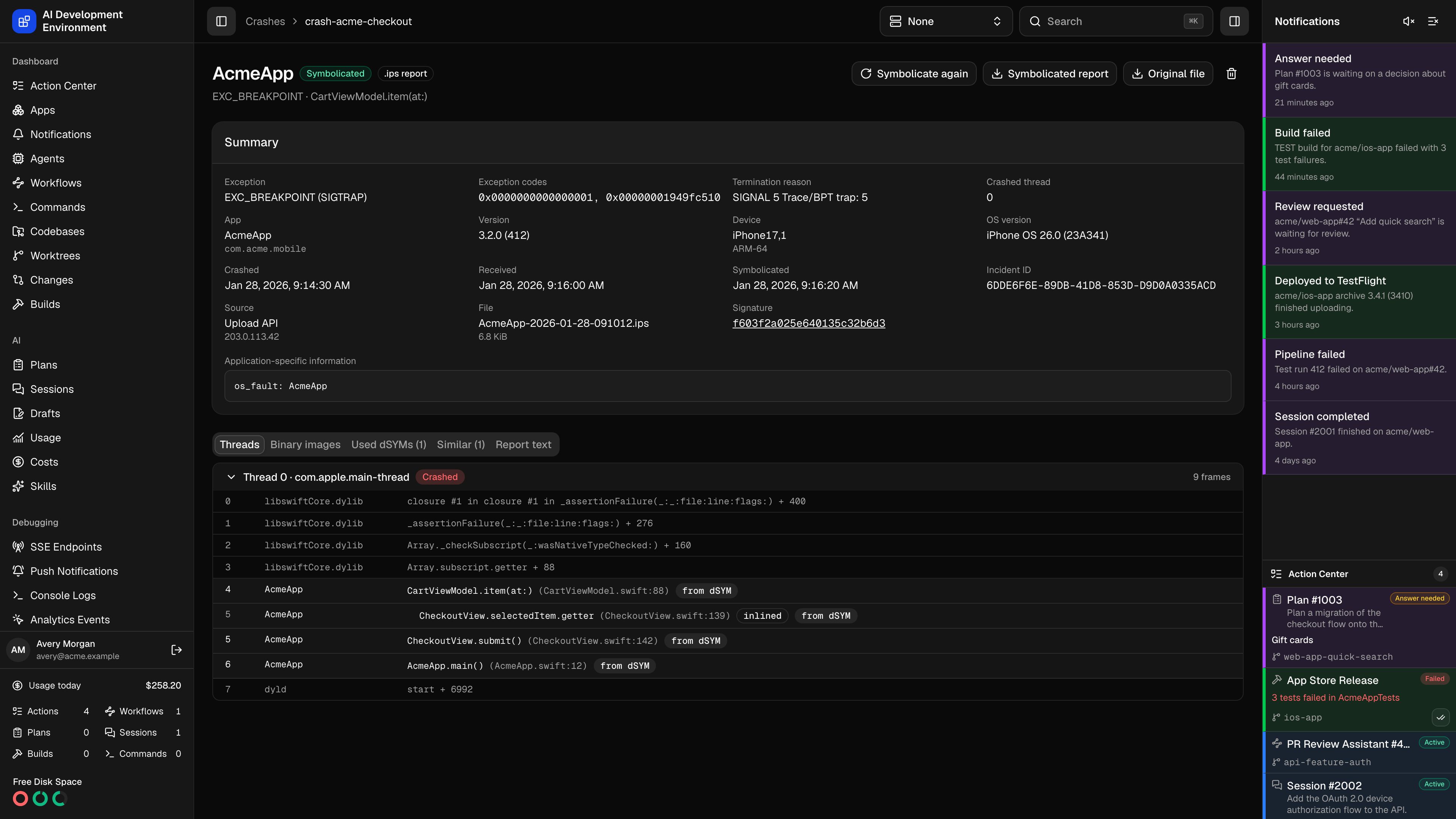 Crash details page in dark theme