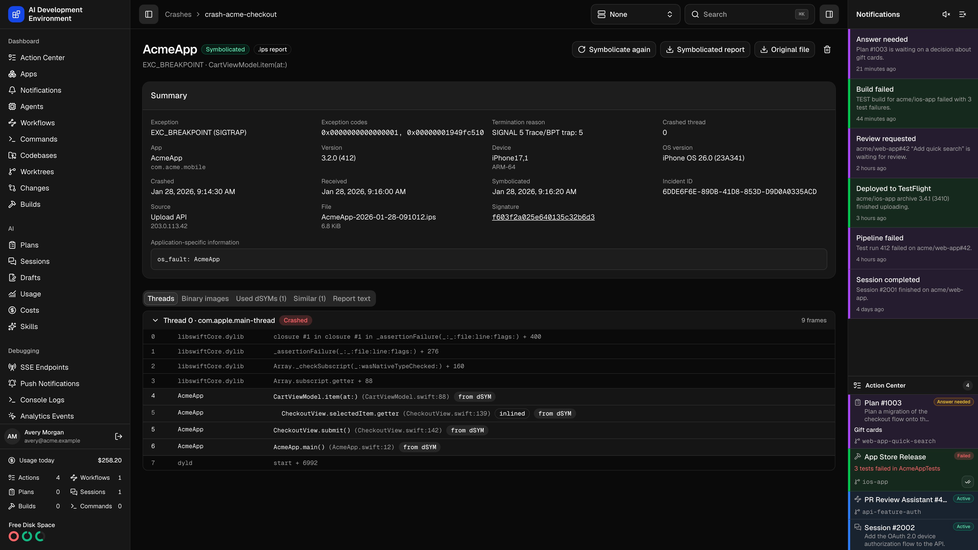Crash details page in dark theme
