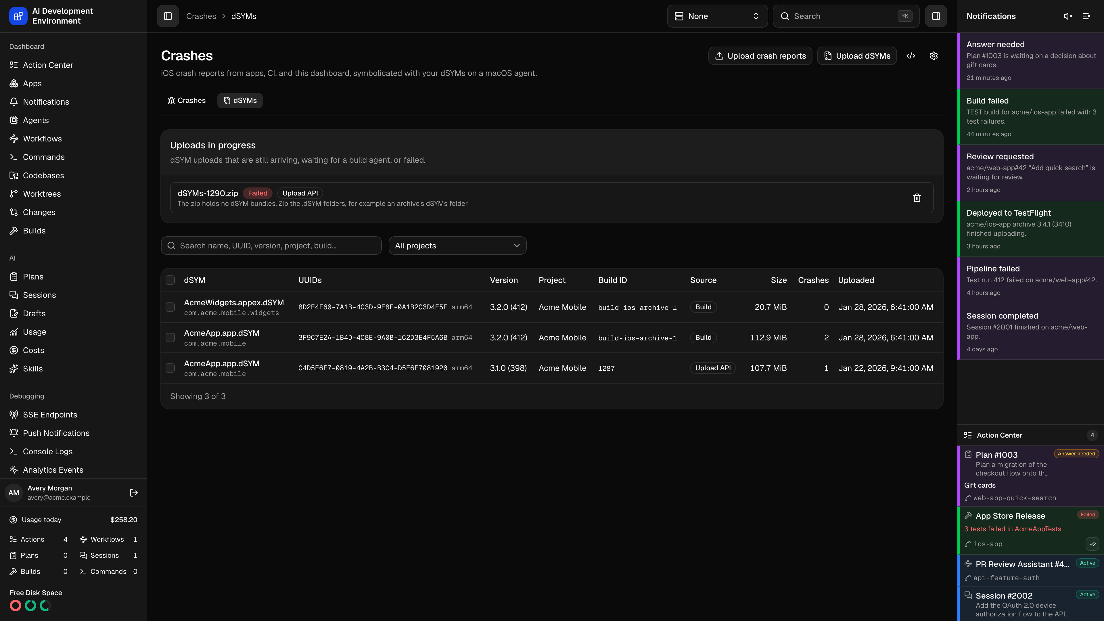 dSYMs table in dark theme