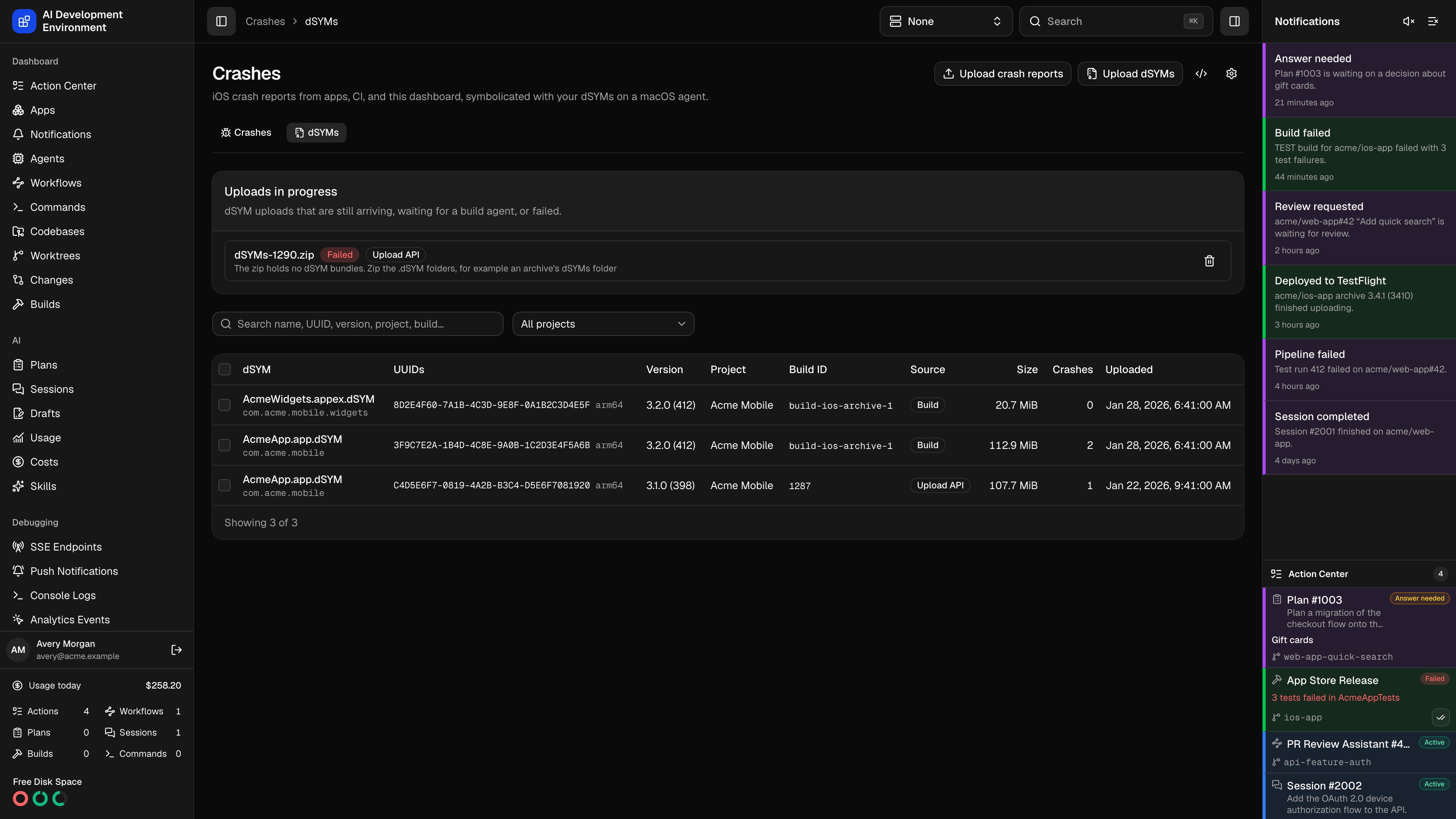 dSYMs table in dark theme