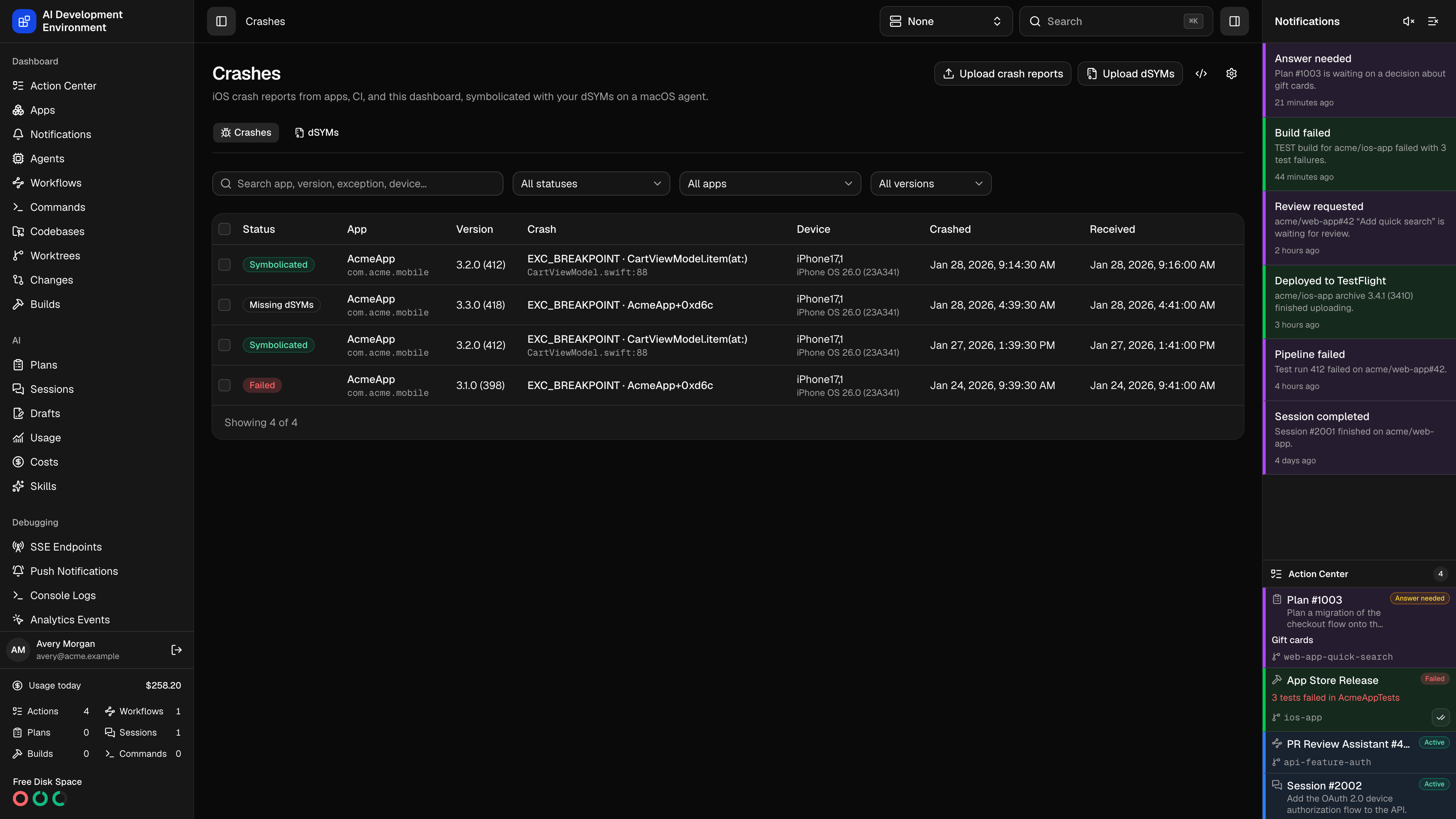 Crashes page in dark theme