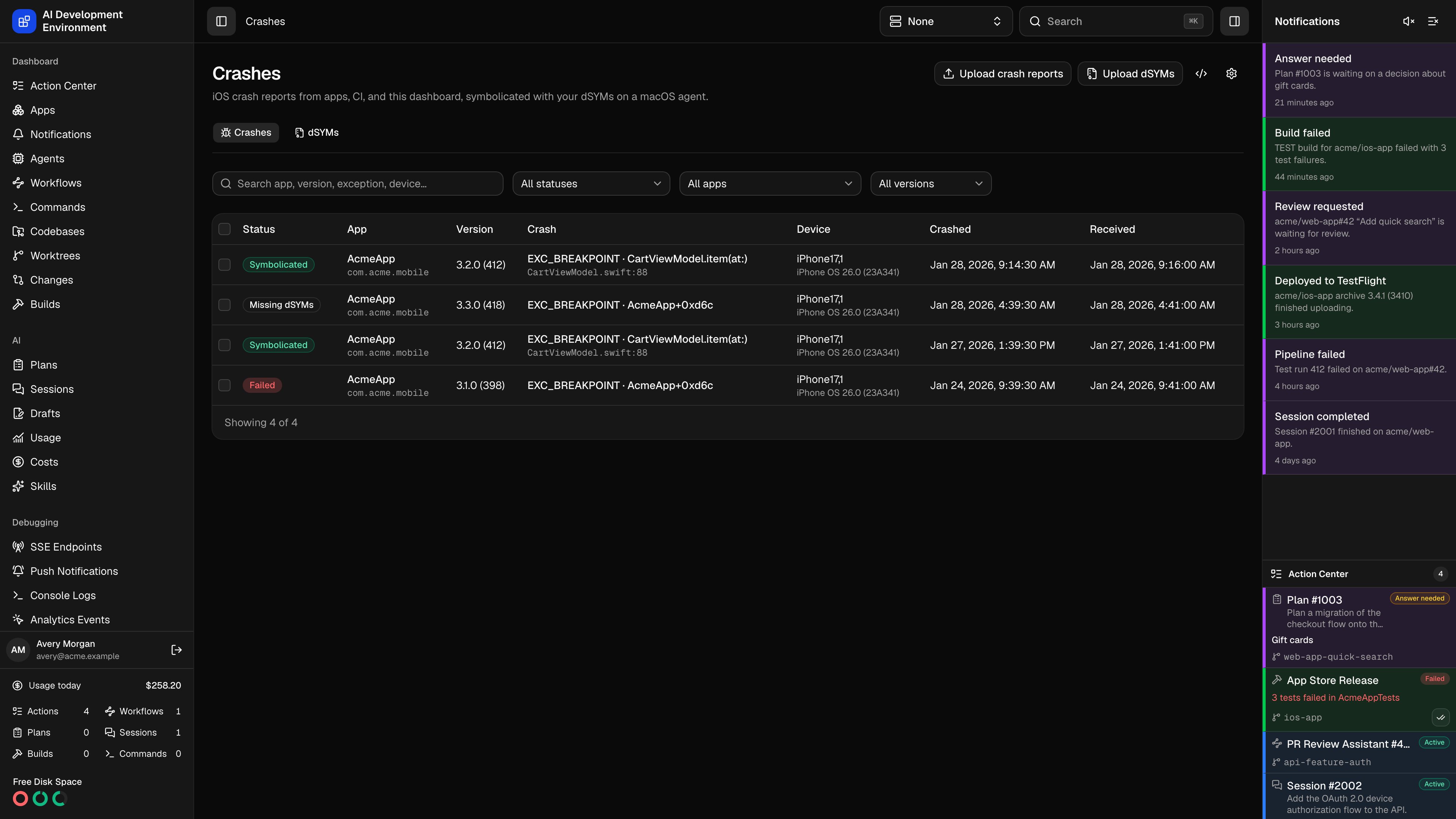 Crashes page in dark theme
