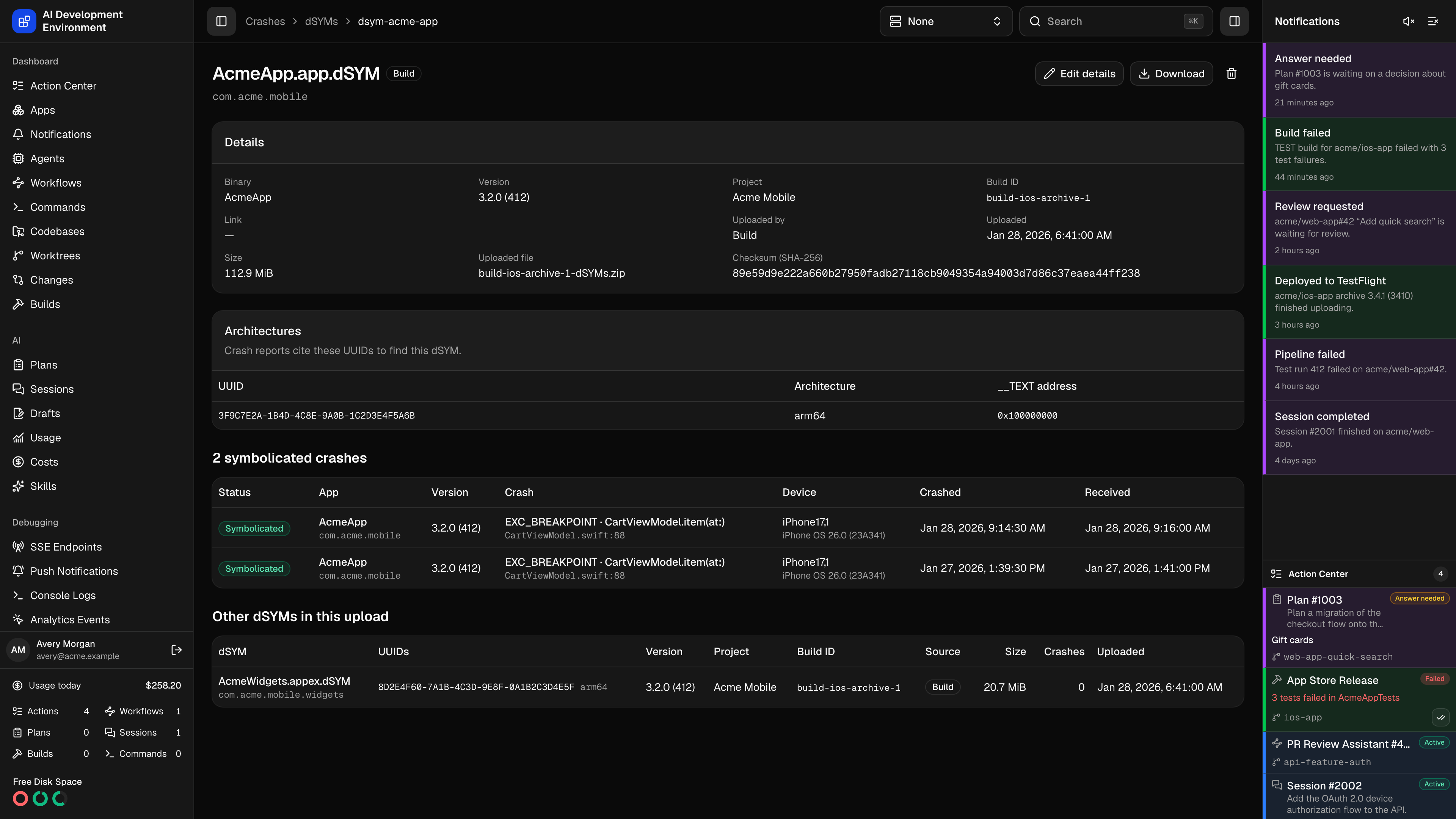 dSYM details page in dark theme