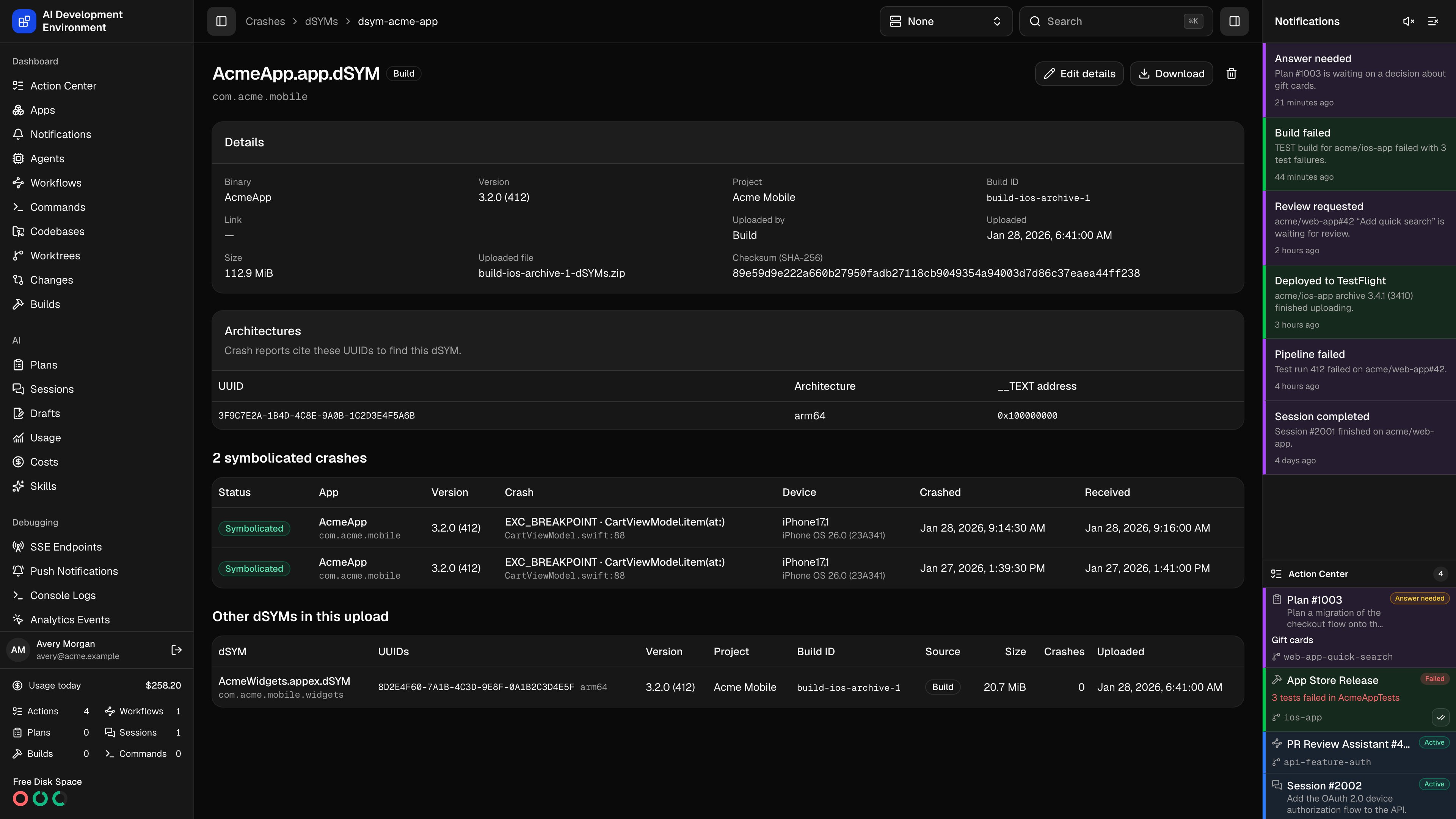 dSYM details page in dark theme